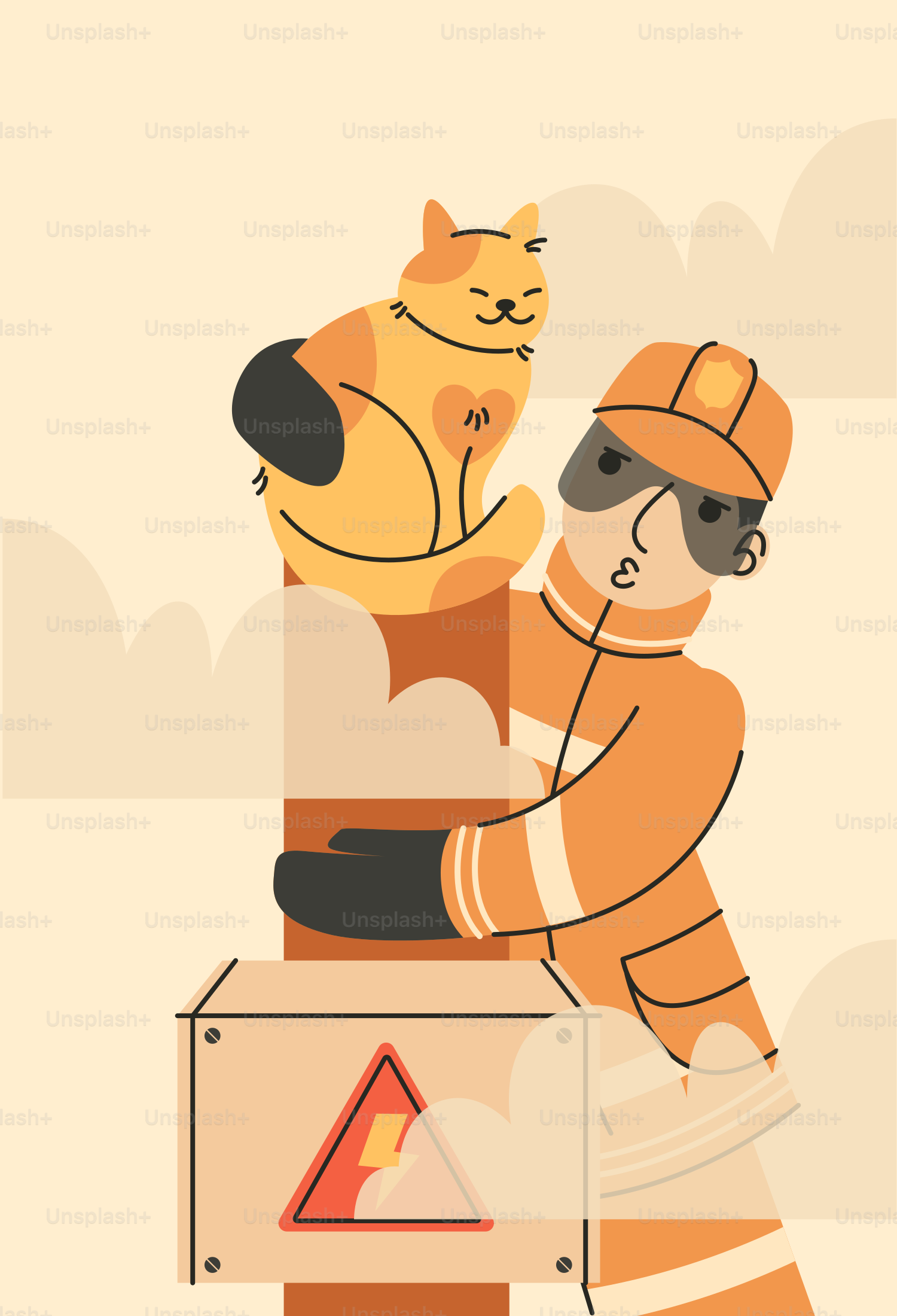 Firefighter rescuing a cat from a pole.