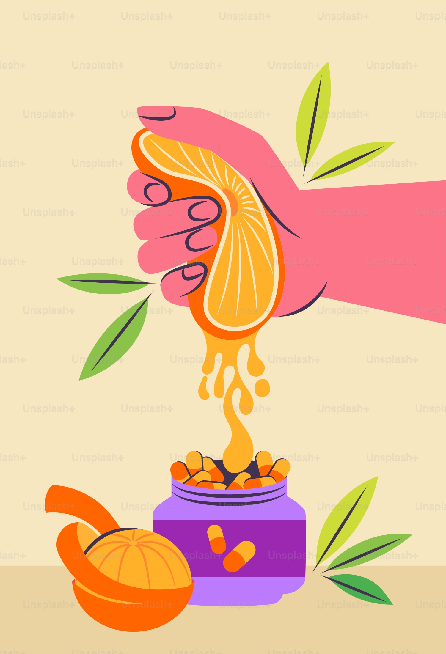 Una mano exprime una naranja en un frasco de suplemento.