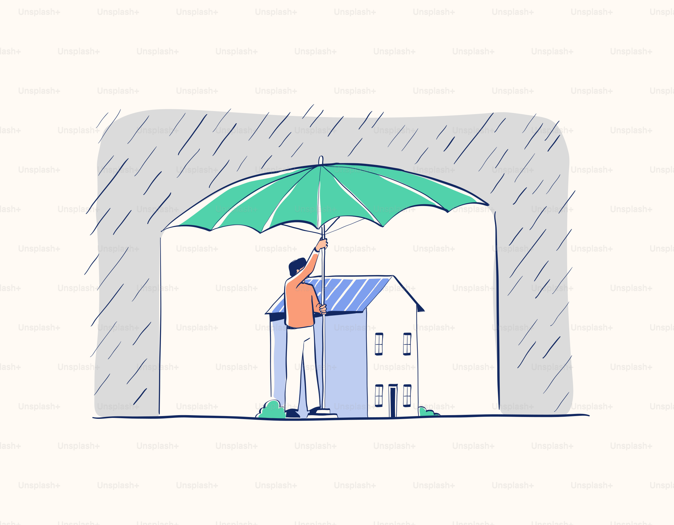 Protecting a house from the rain with an umbrella.