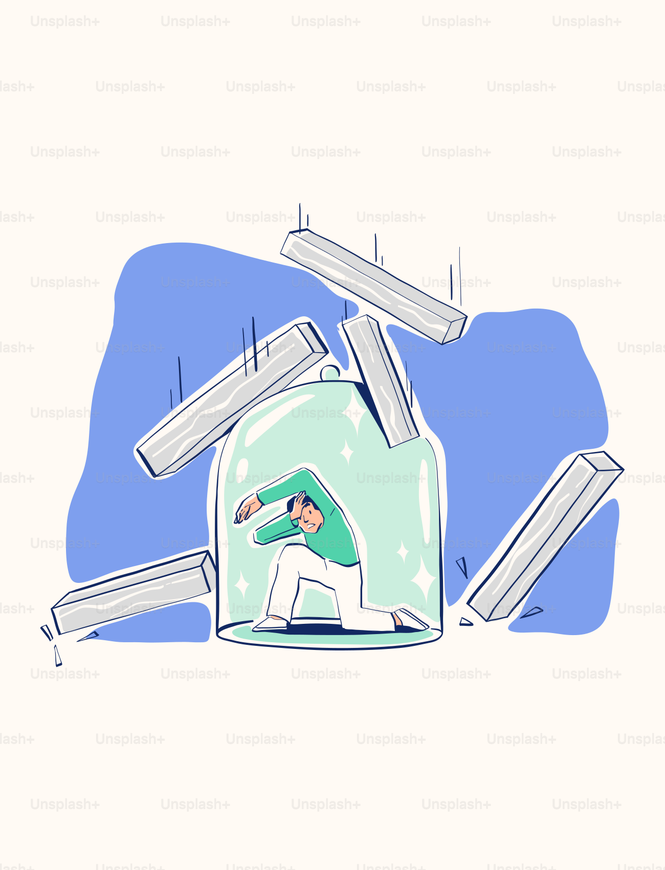 Man protects himself from falling objects within a bubble.