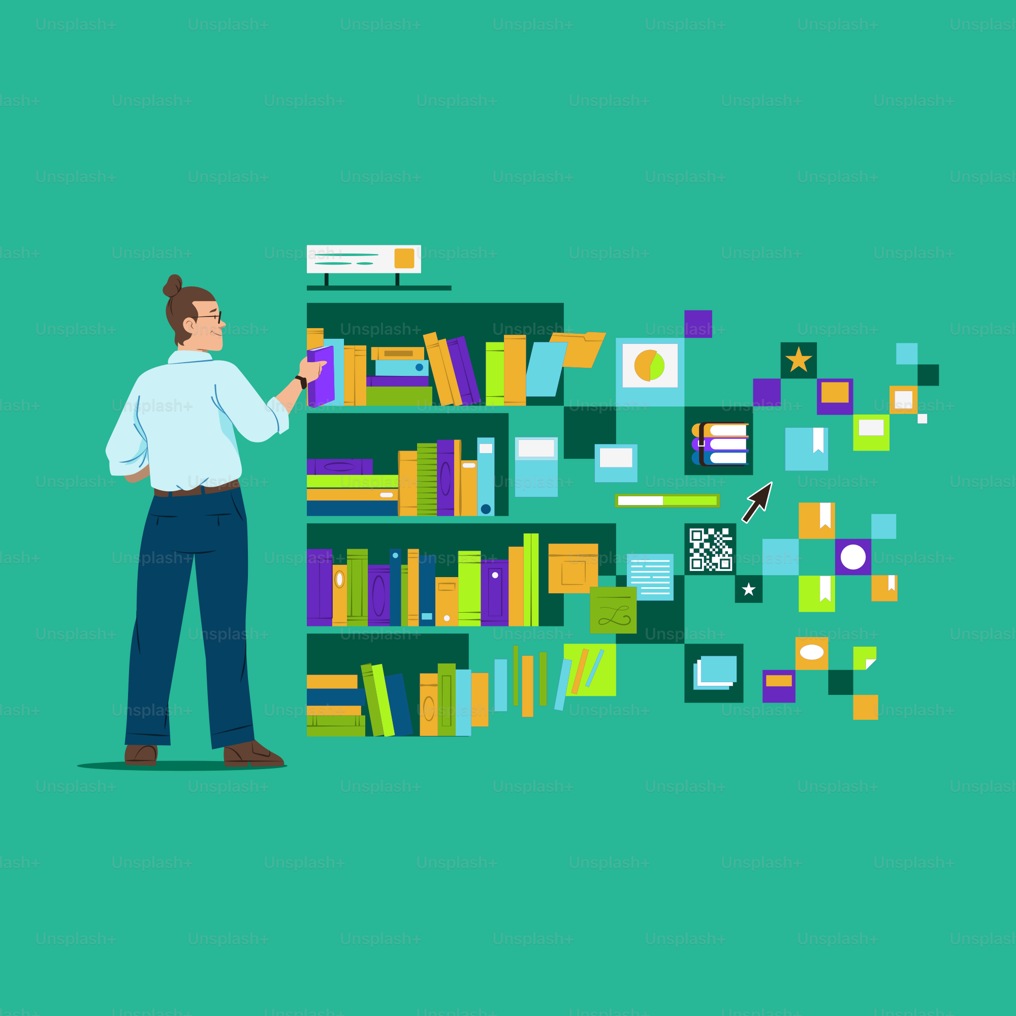 Un homme feuillette des livres et des informations numériques.