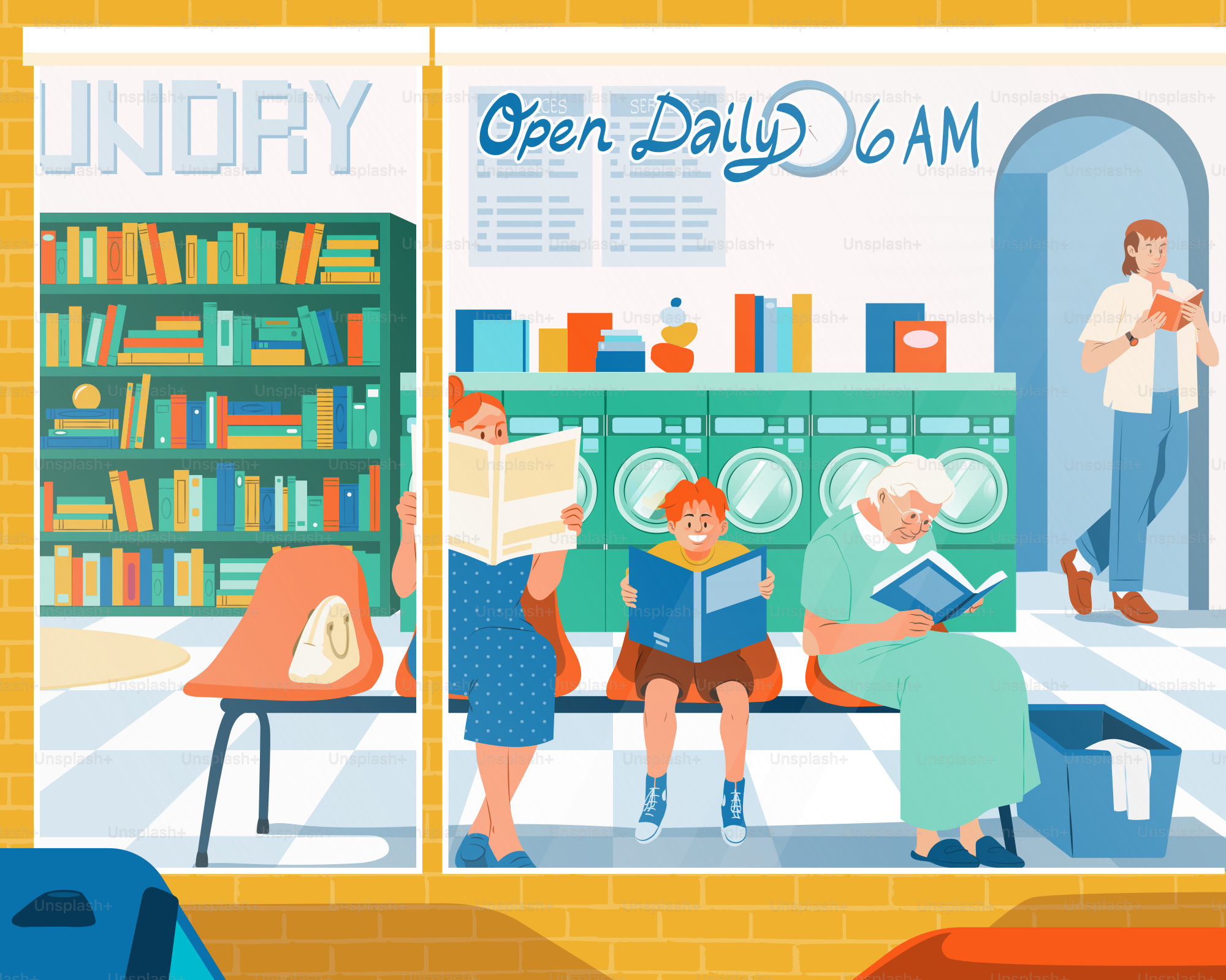 People read books while waiting at the laundromat.