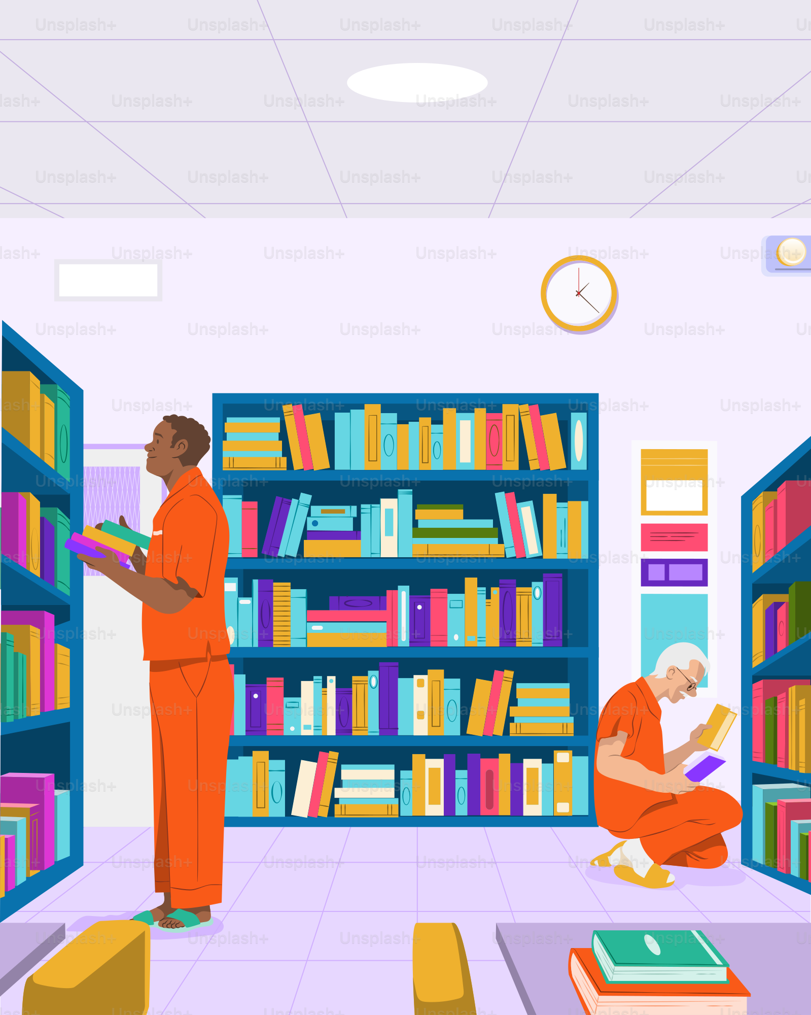 Des détenus feuillettent des livres dans la bibliothèque d’une prison.