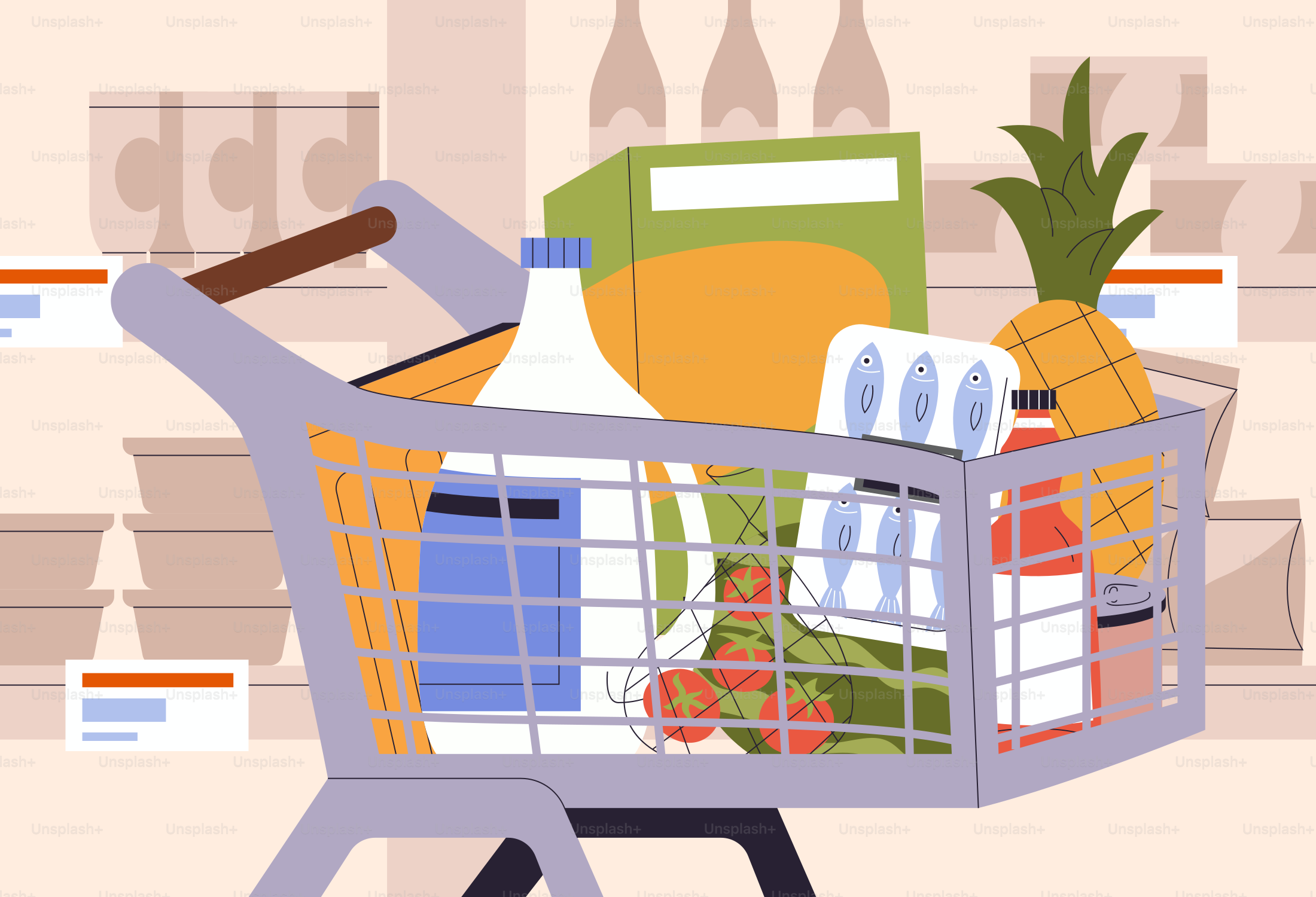 Un carrito de la compra está lleno de comida.