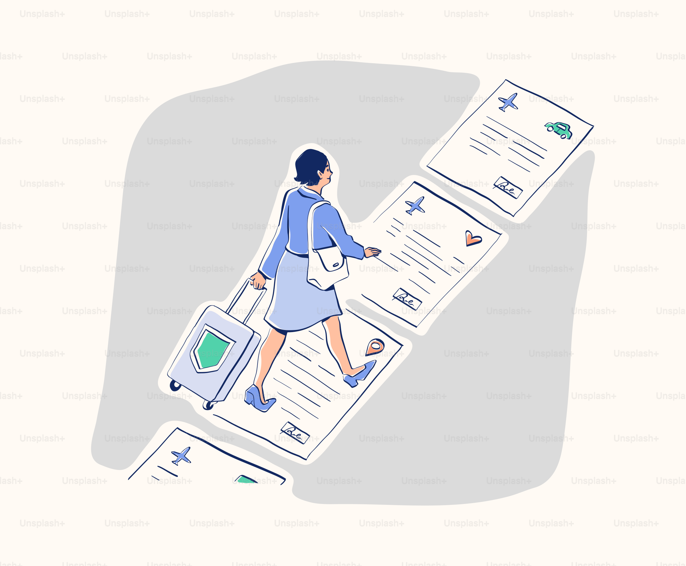 Woman travels over insurance policy documents.