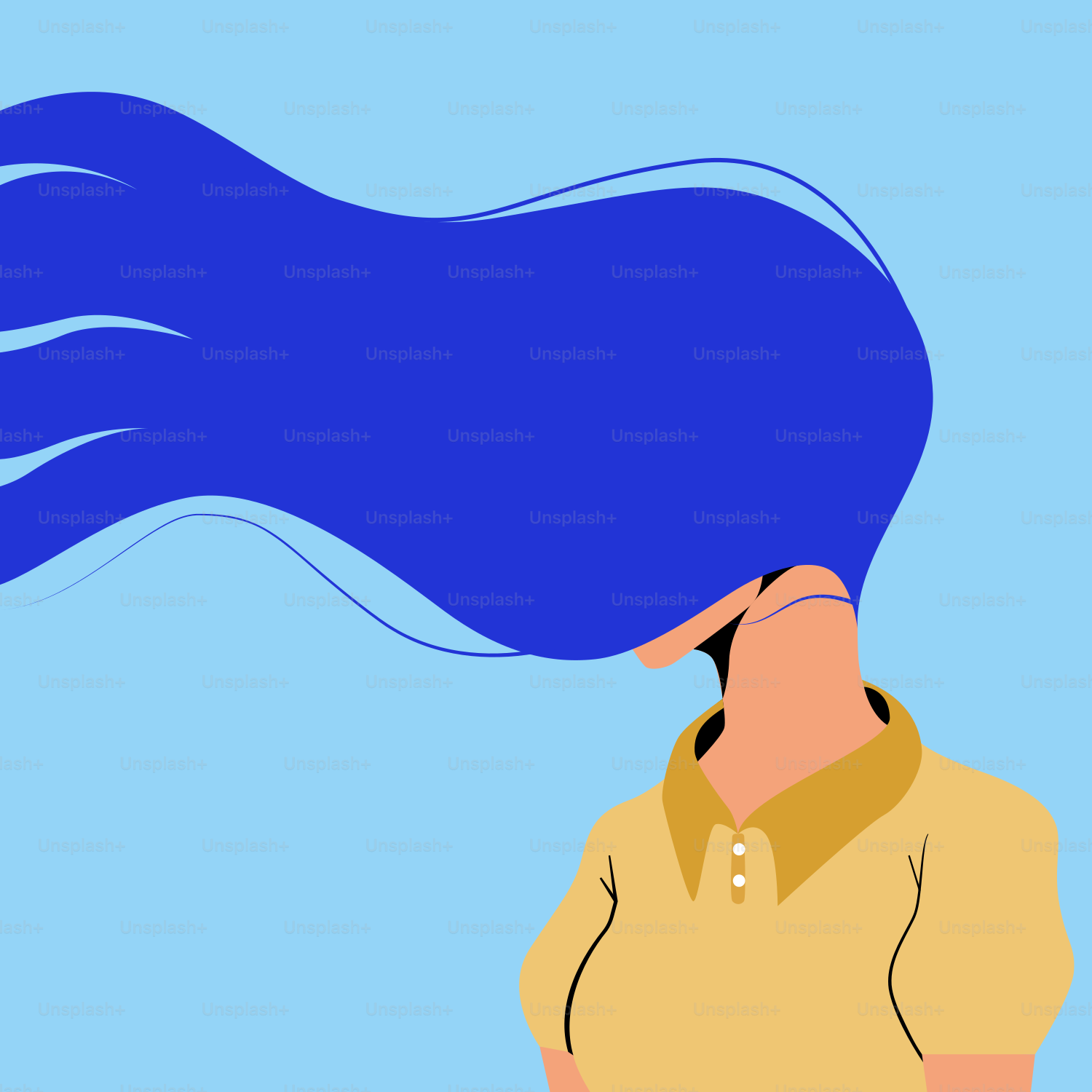 Wanita dengan rambut biru panjang menatap ke atas.
