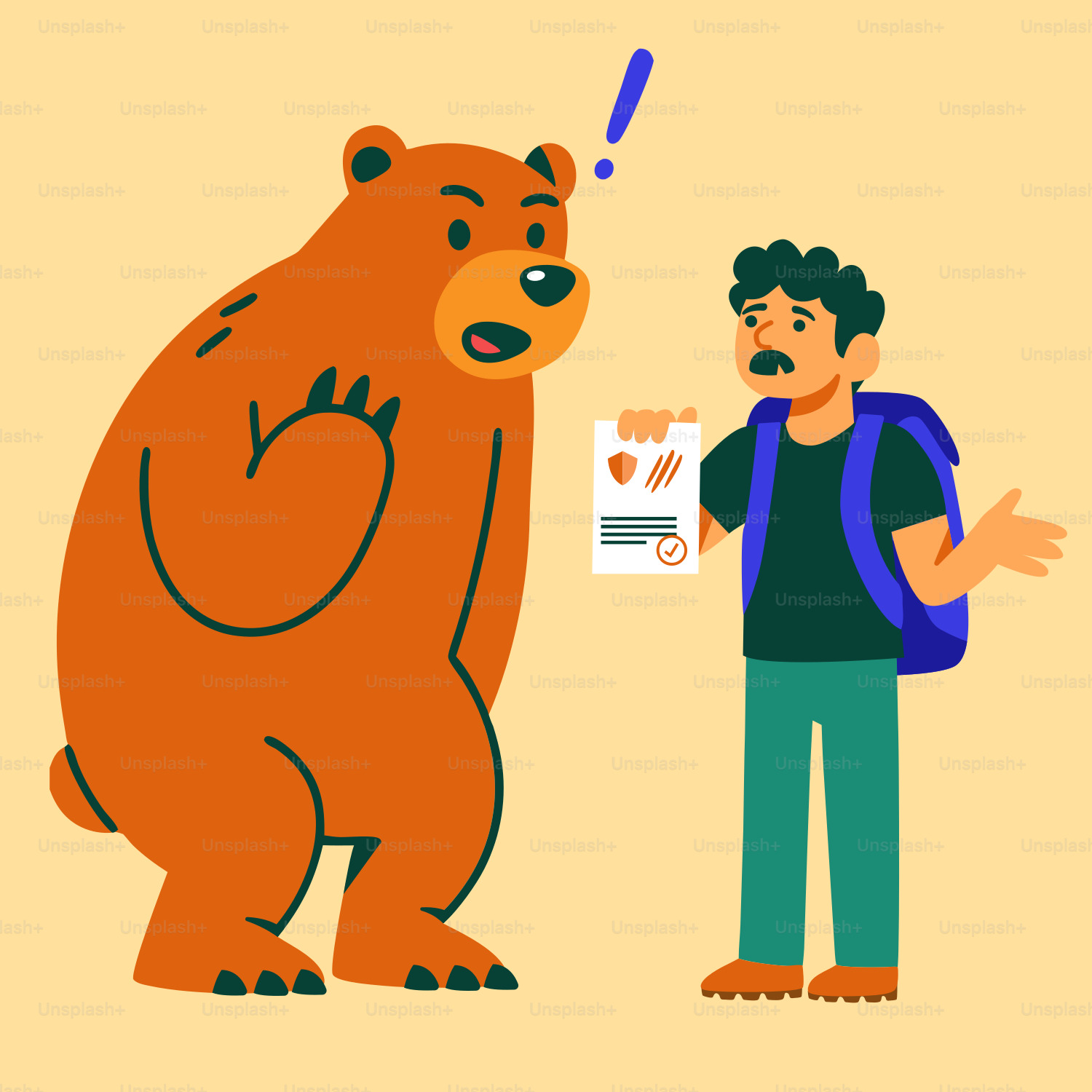 The bear is surprised by the paper the man has.