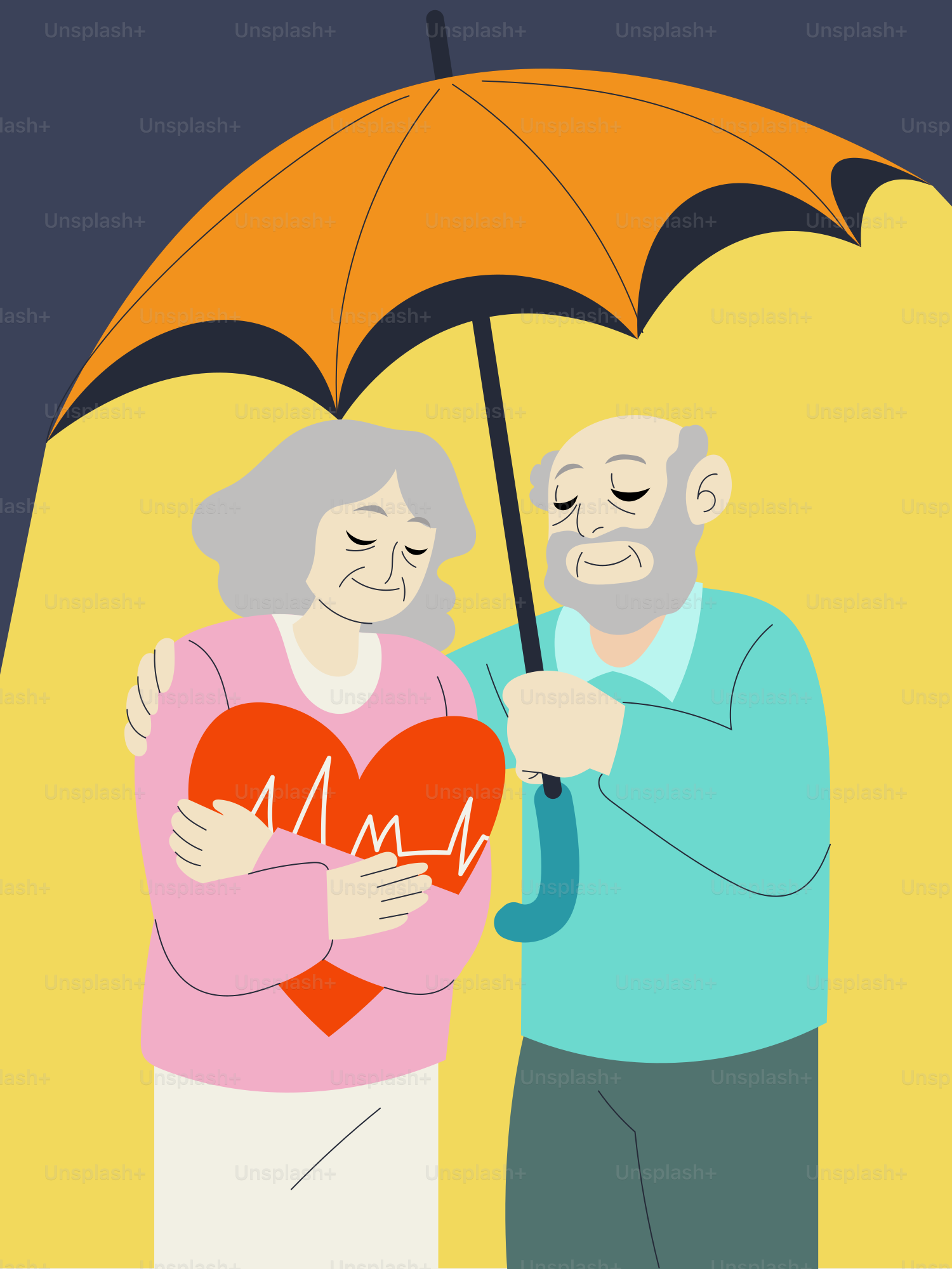 An elderly man protects his wife with an umbrella.