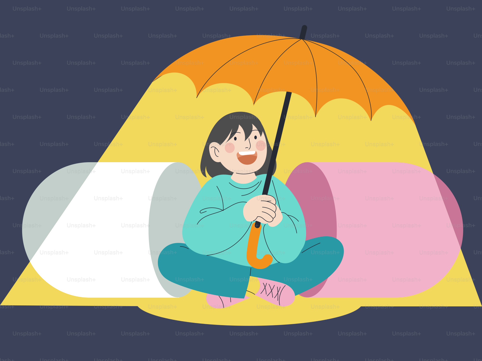 A happy person is under an orange umbrella.