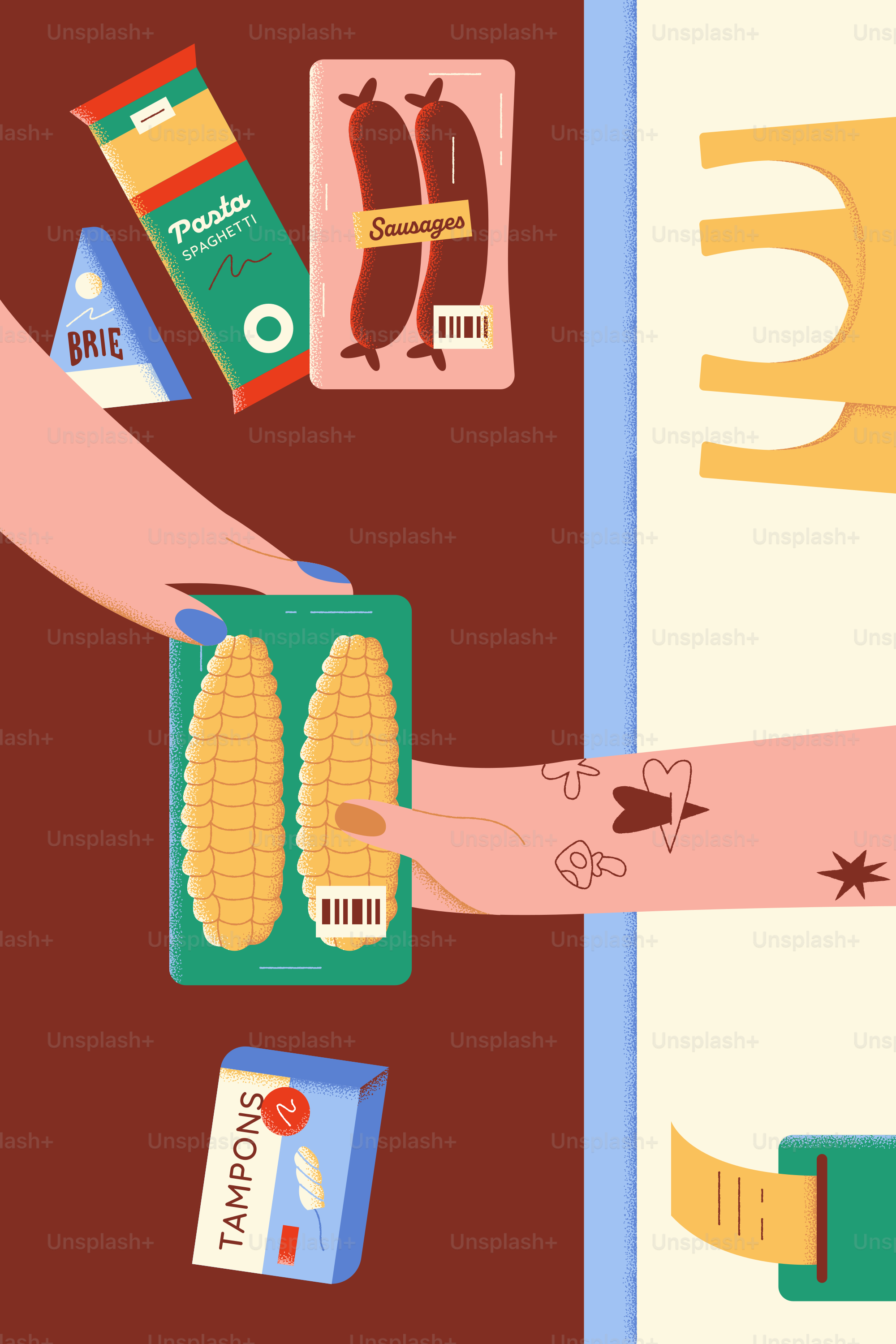 Qualcuno sta comprando generi alimentari, tra cui pasta e mais.