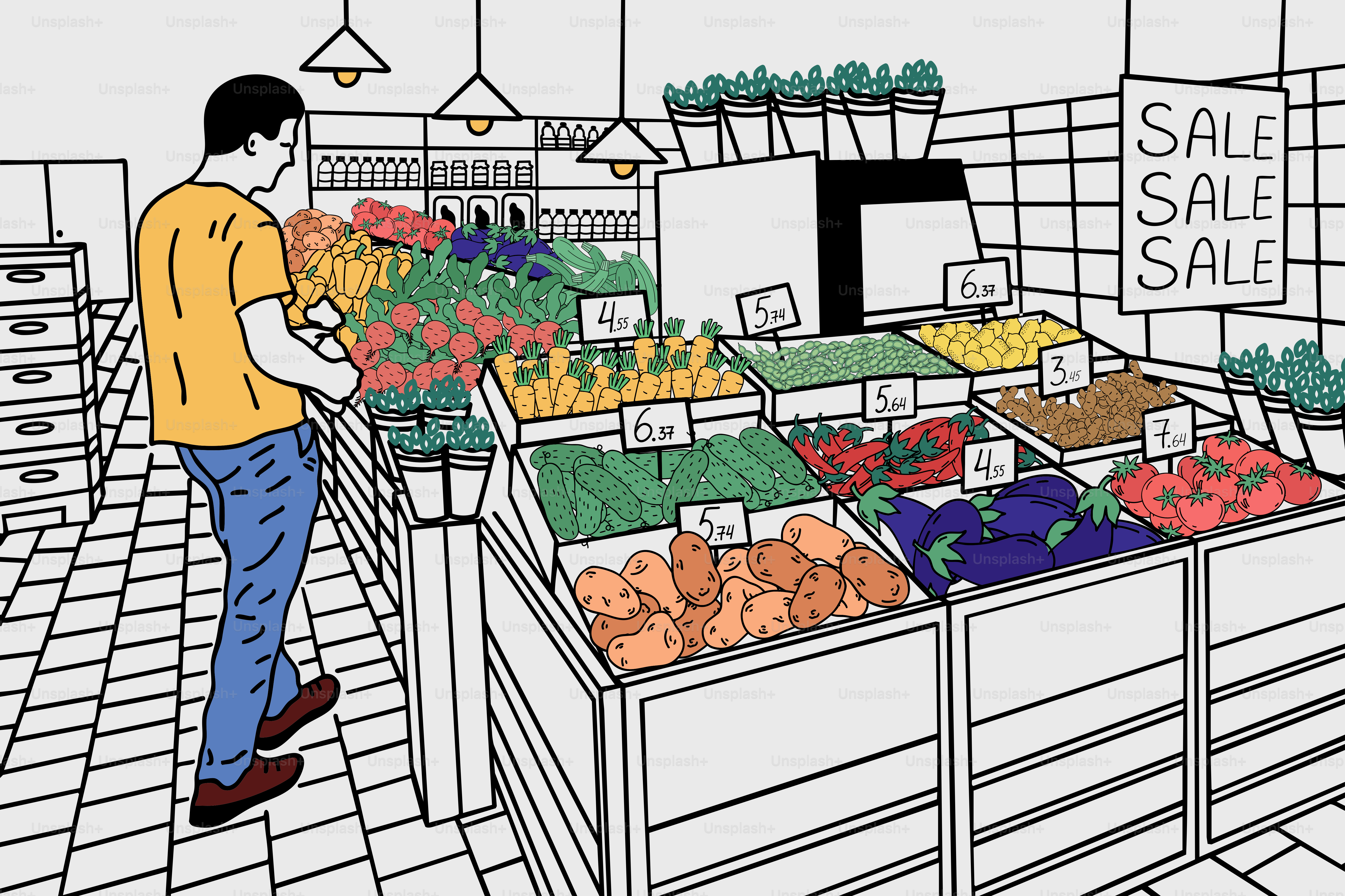男が食料品店で買い物をしている。
