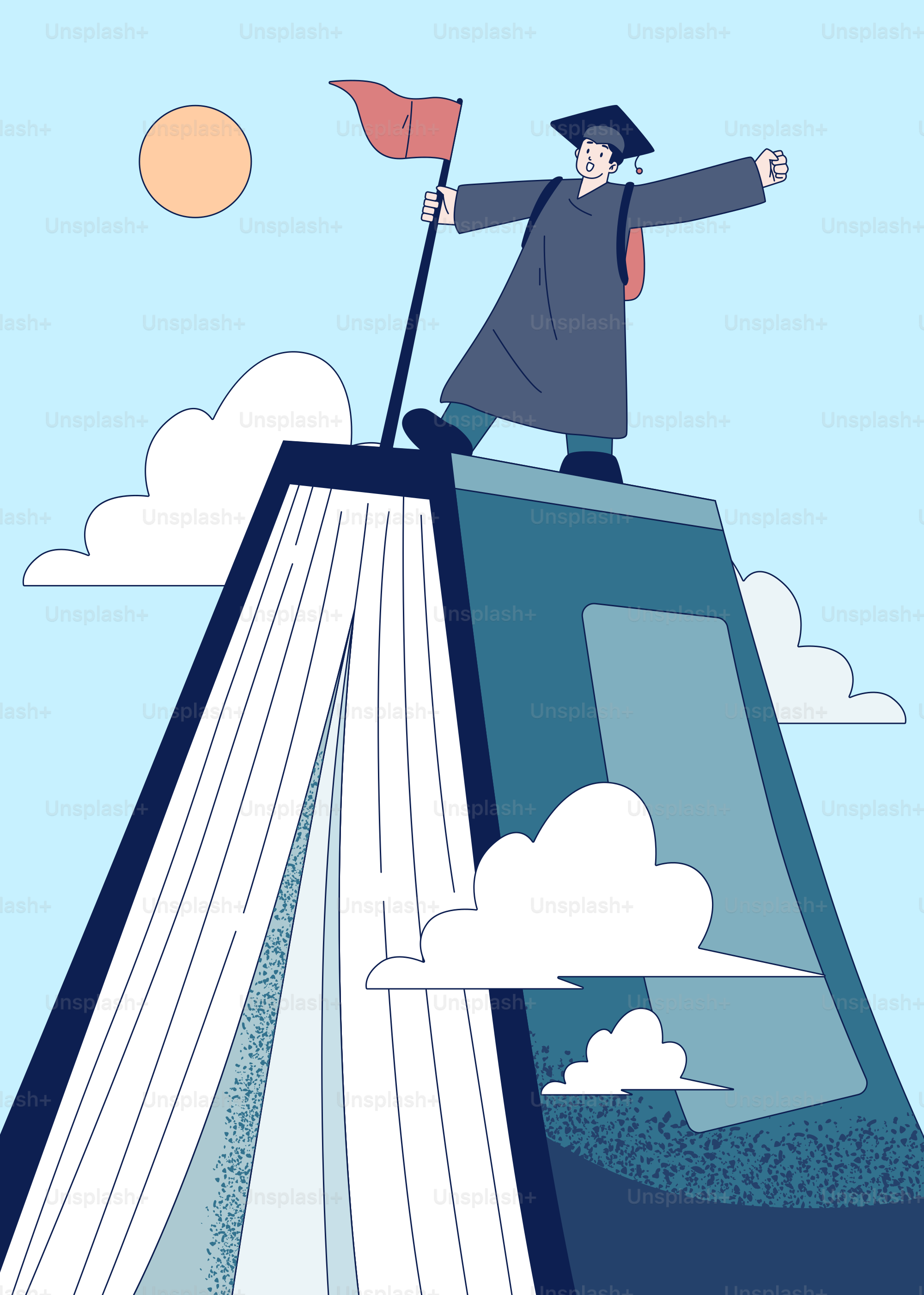 A graduate achieves success atop a giant book. vector – School Image on ...
