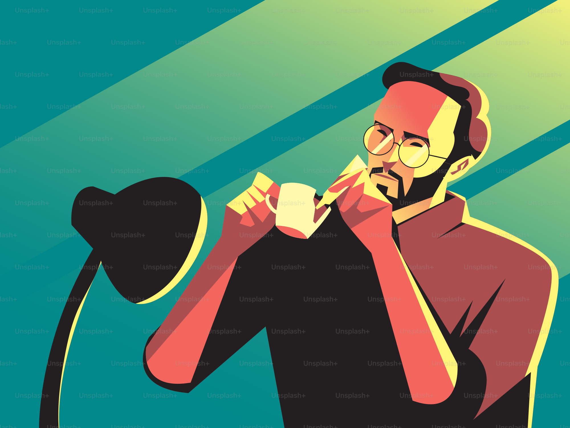 A man is enjoying coffee with lamp beside.