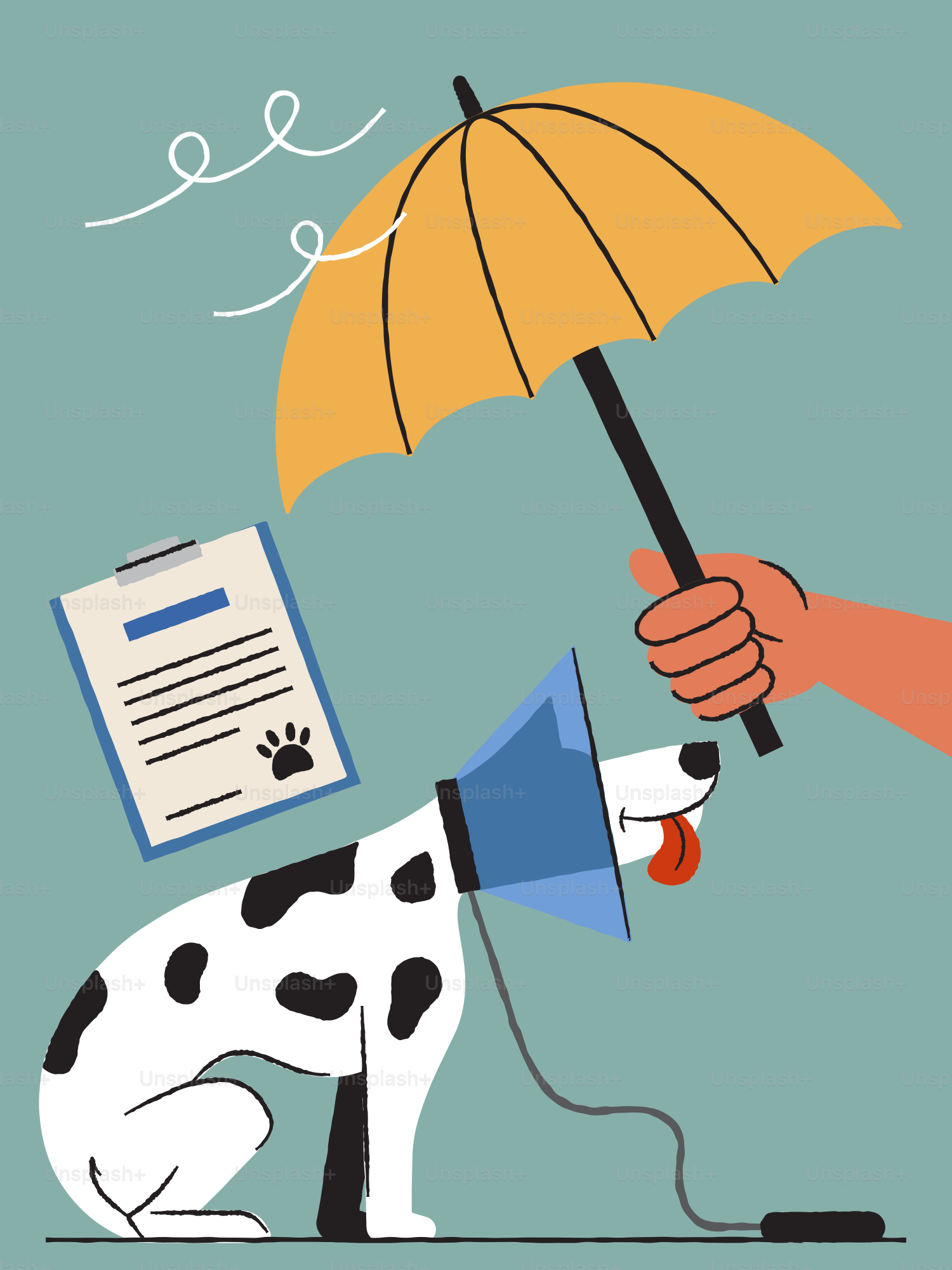 Un chien est sous un parapluie avec une note du vétérinaire.