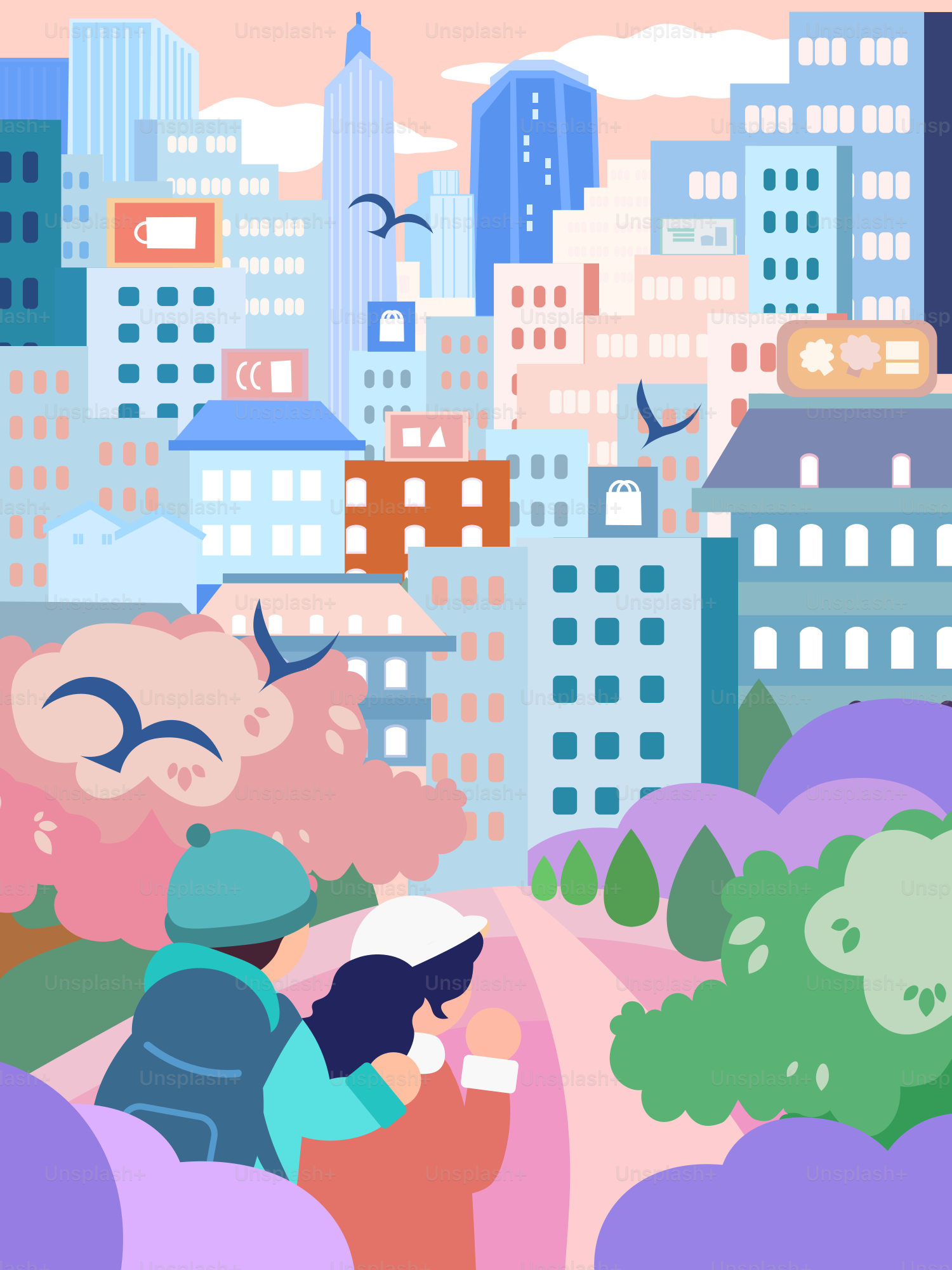 Deux personnes profitent de la vue sur la ville.