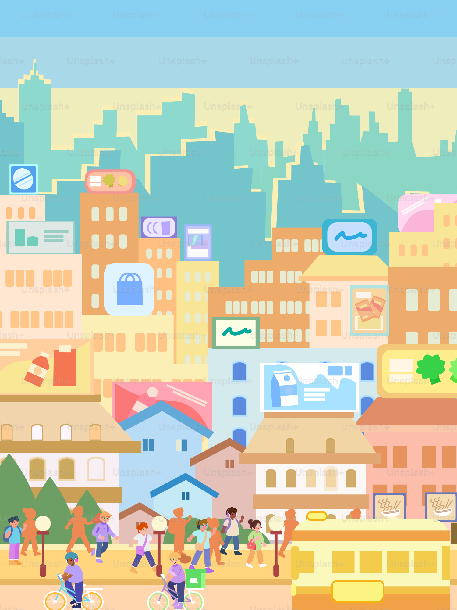 Un paysage urbain vibrant avec des bâtiments et des habitants variés.