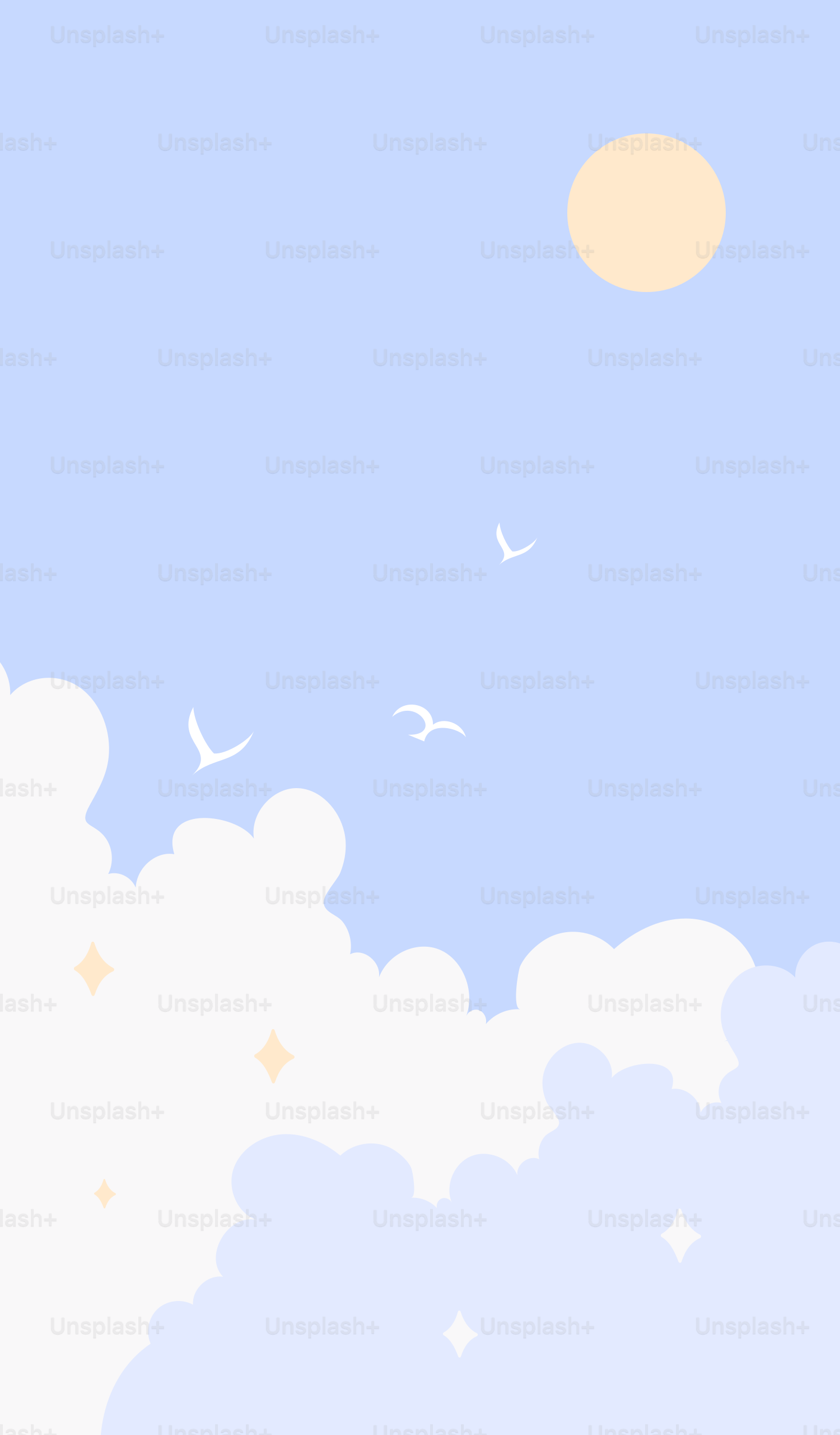 雲や鳥、太陽が輝く明るい空。