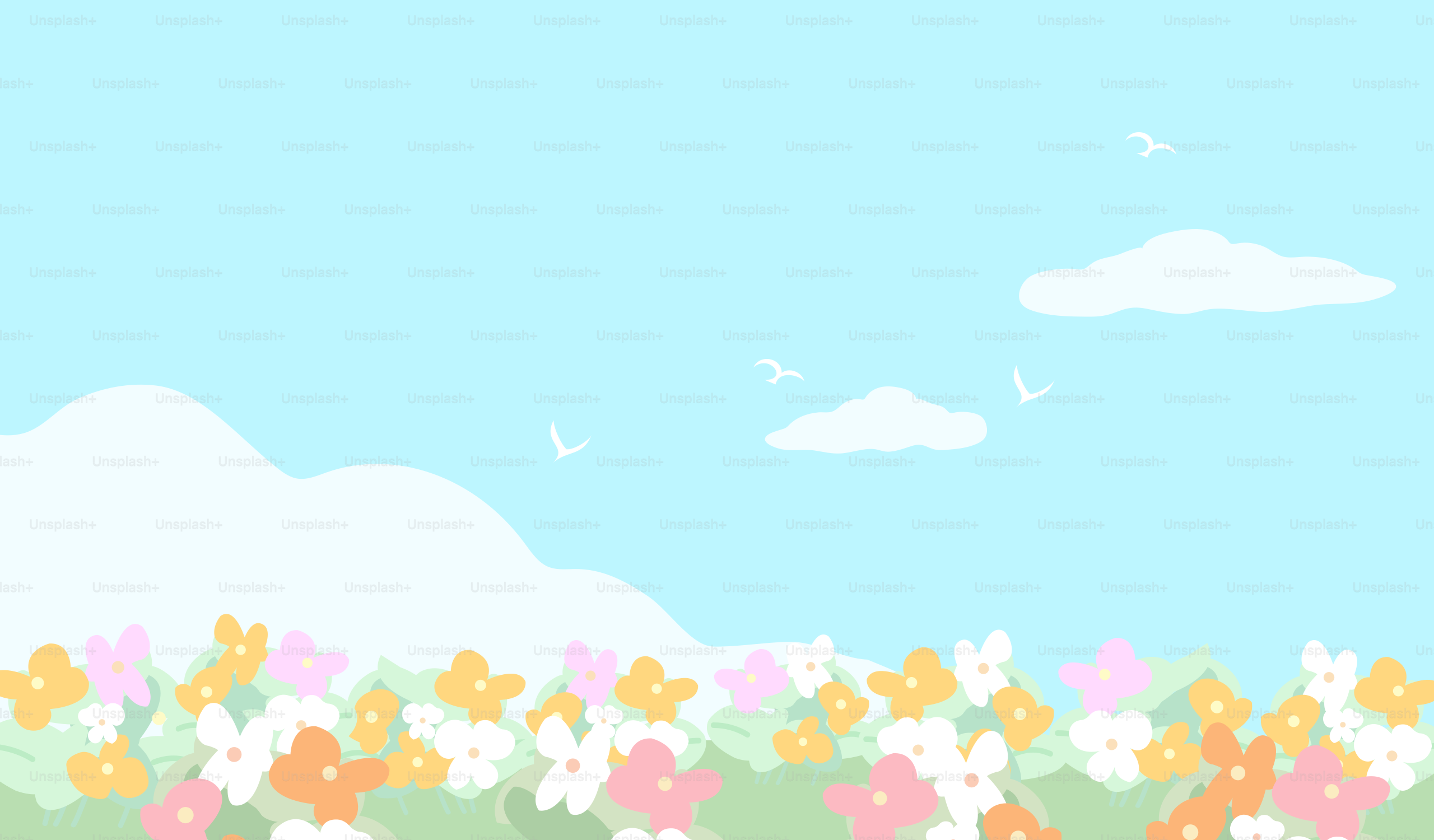 A colorful field of flowers under a bright sky.