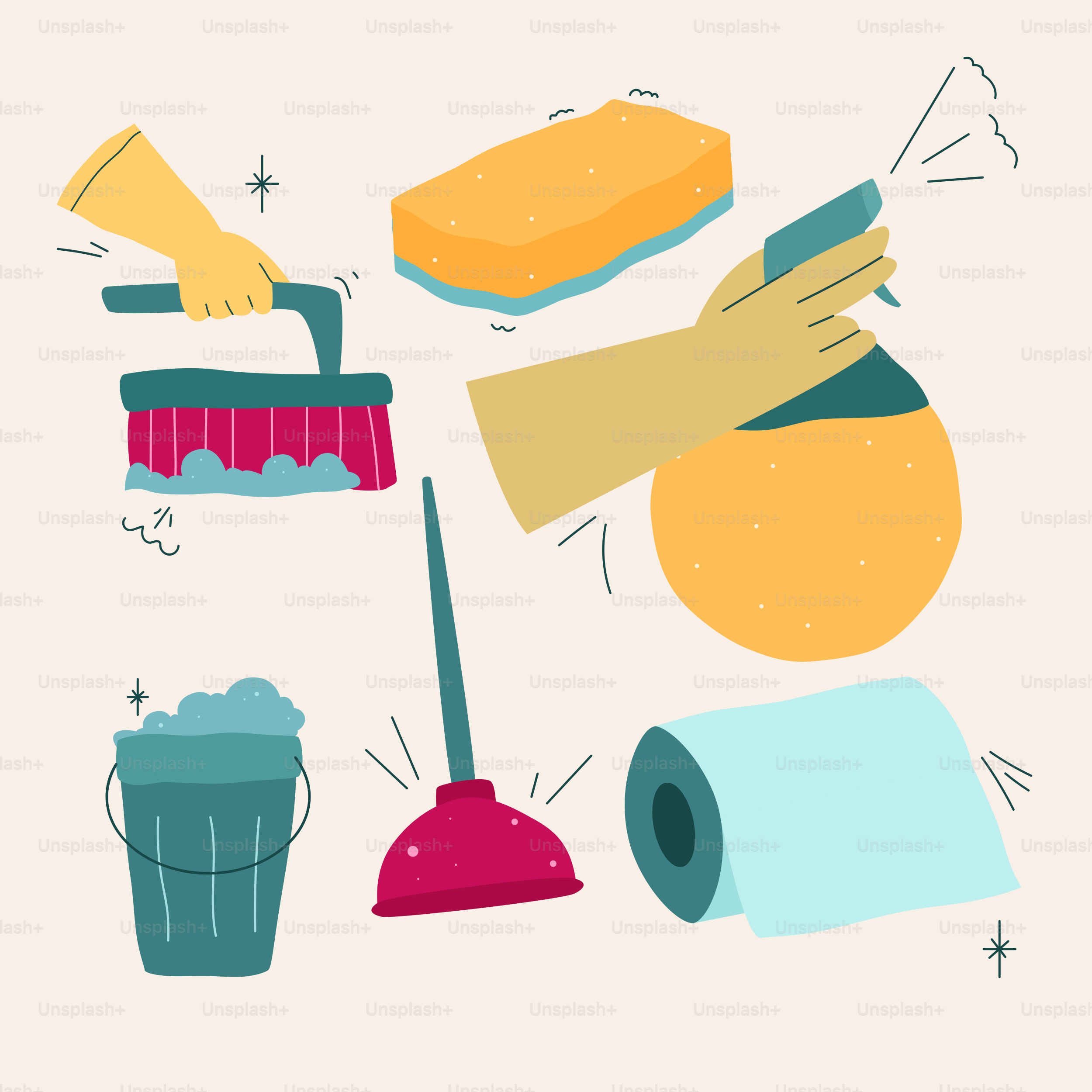 Cleaning supplies are arranged against a cream background.