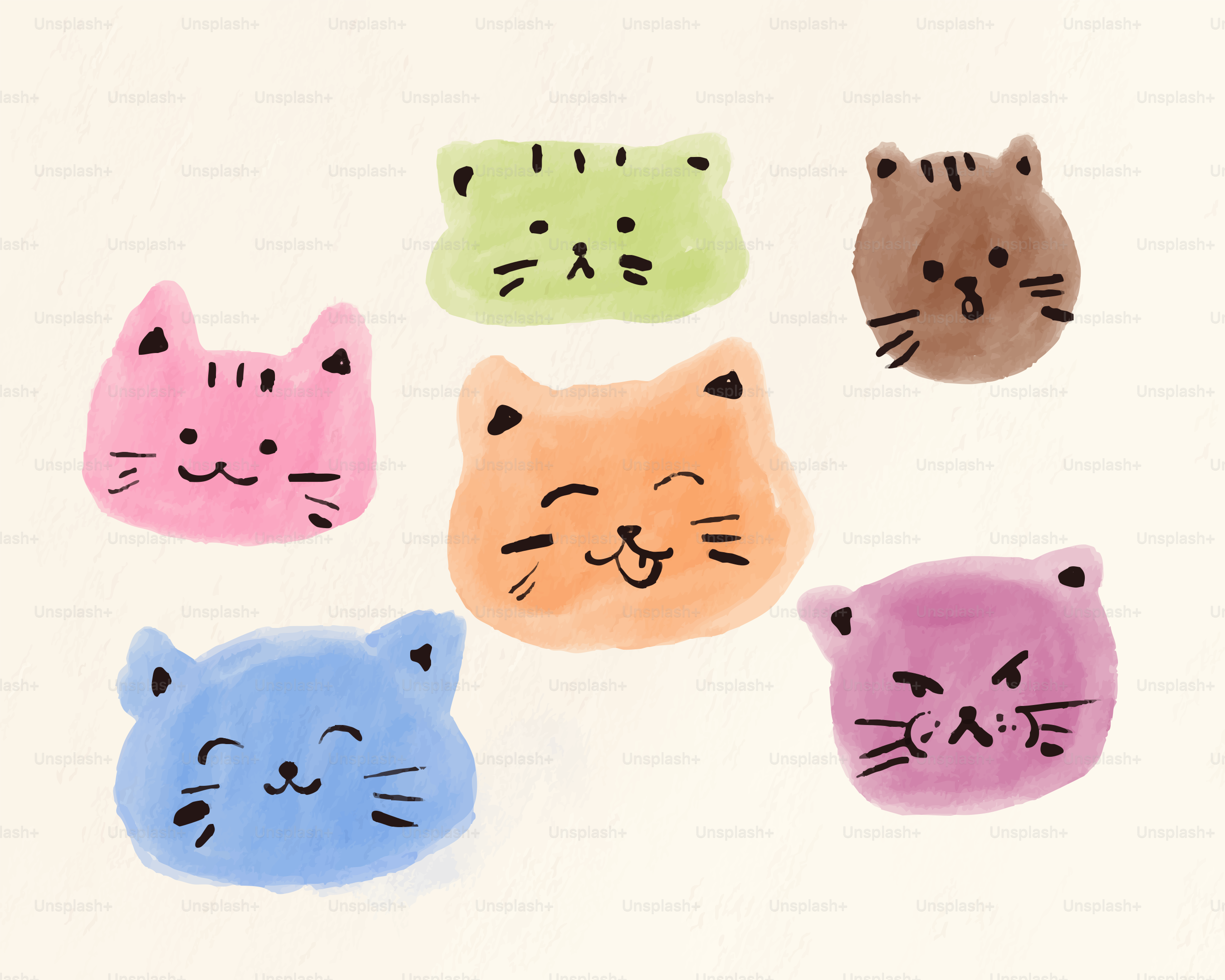 Cute, colorful cat faces are arranged on a background.