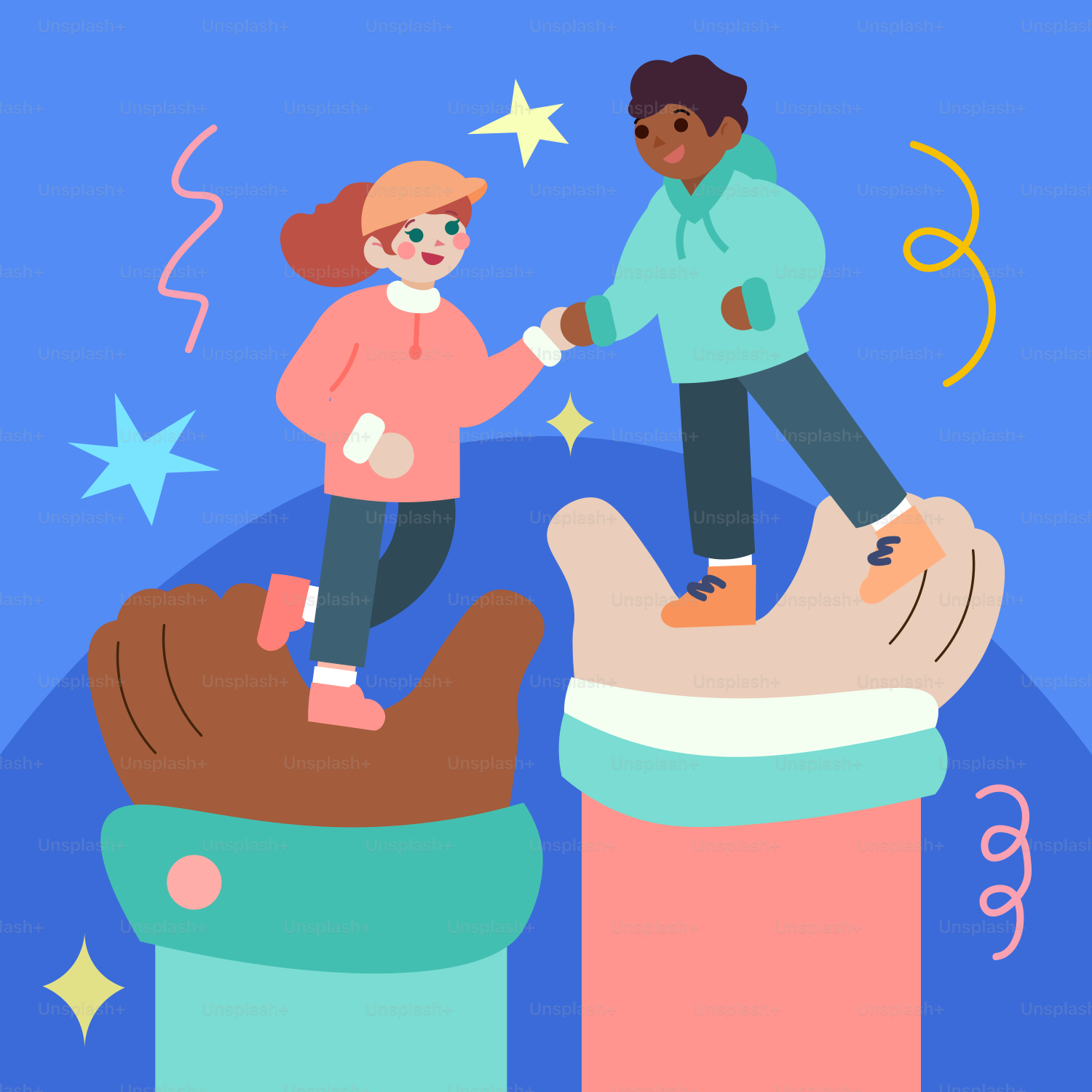 People shake hands, supported by friendly hands.