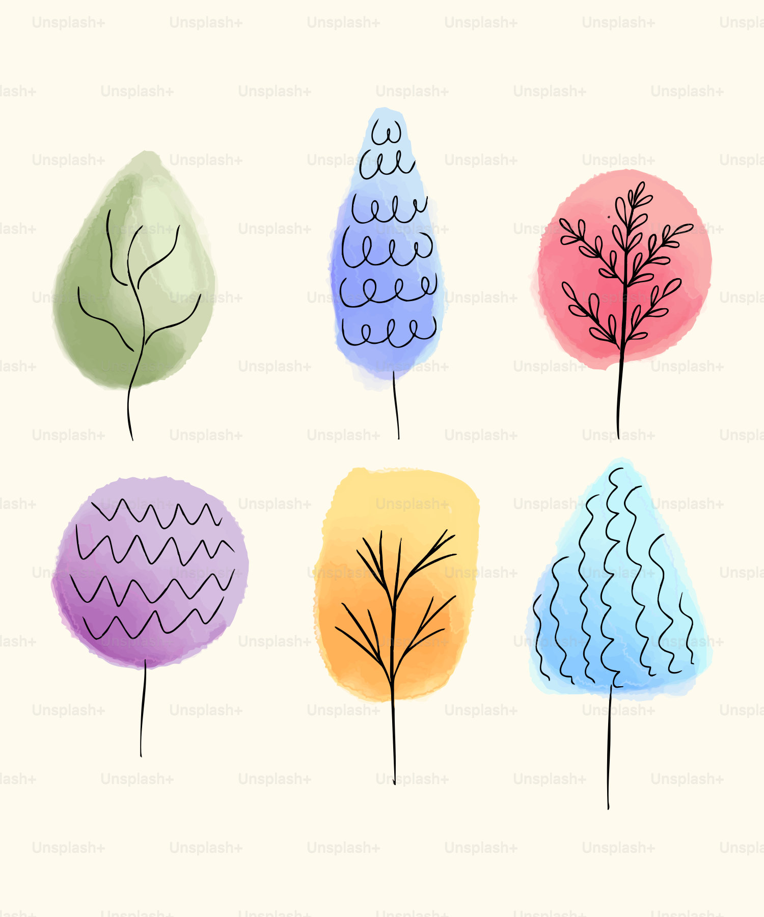 Árvores em aquarela em vários formatos e cores.