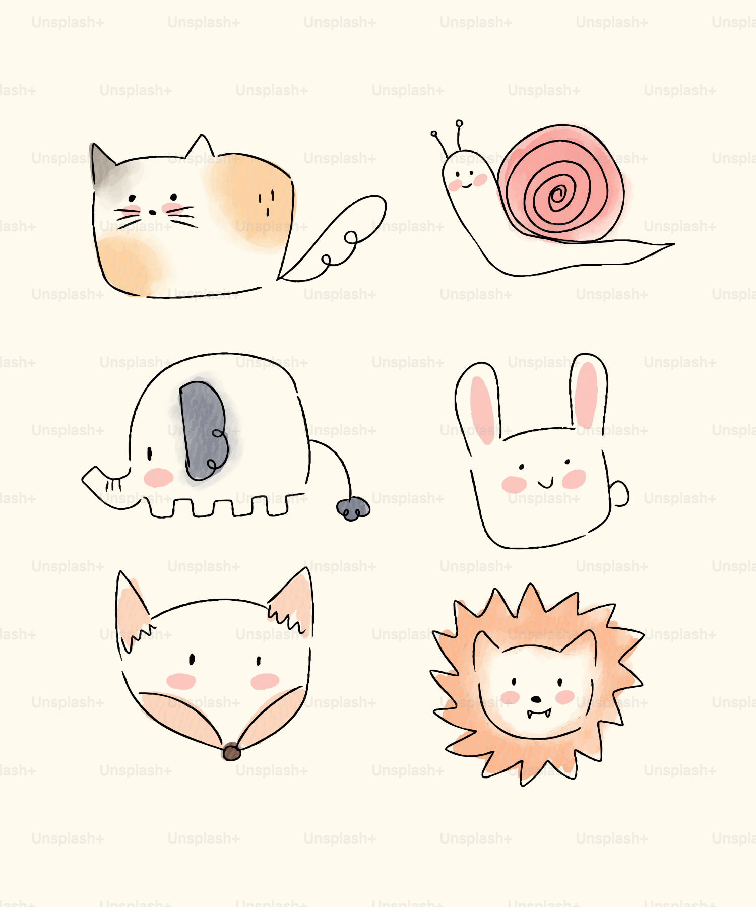 Adorable watercolor animal illustrations are displayed.