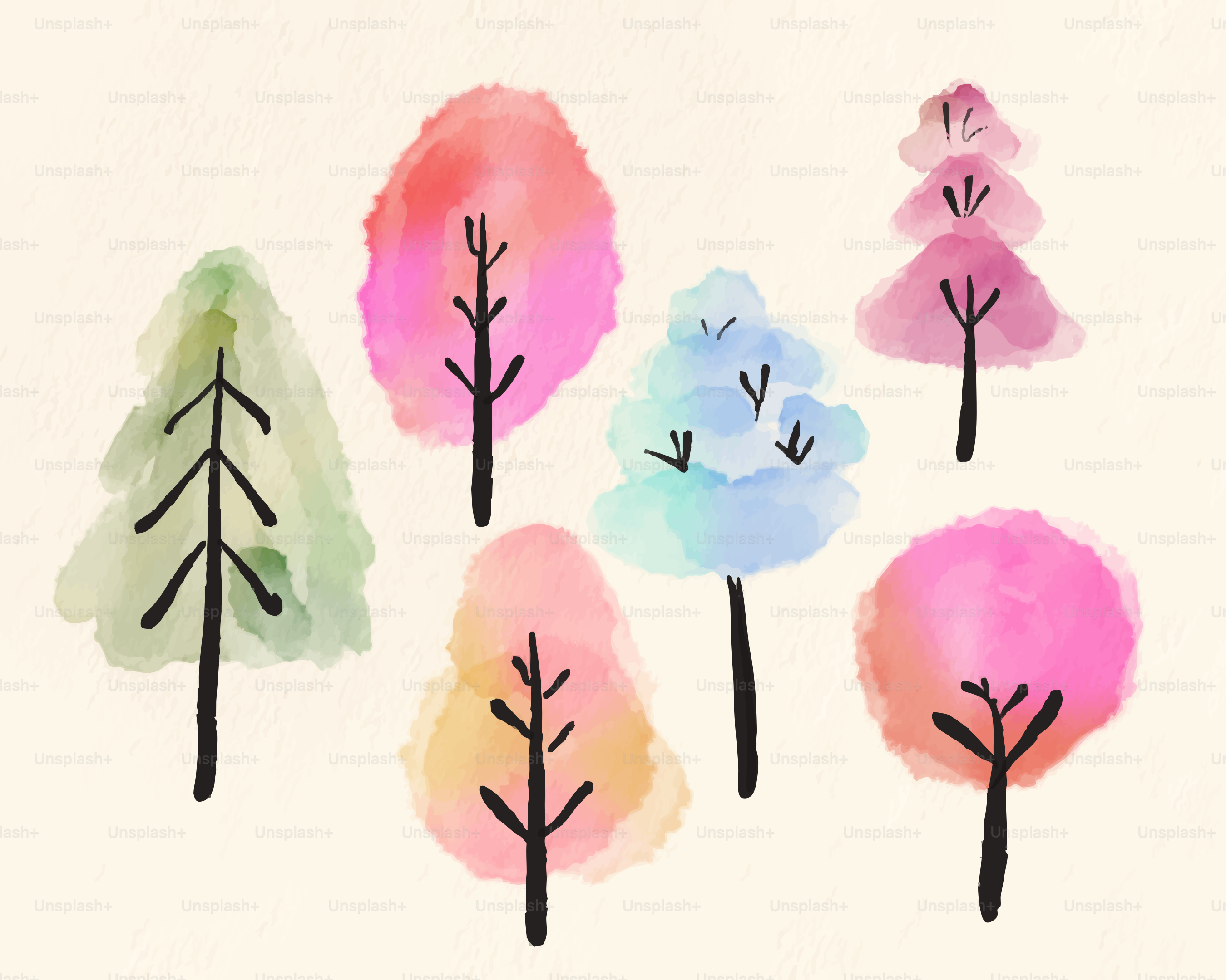 Watercolor trees in various colors and shapes.