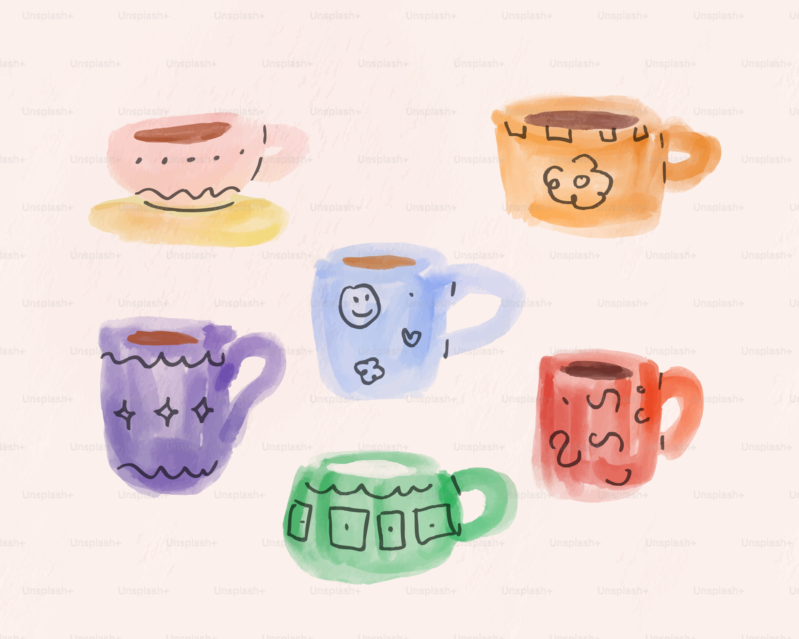 Several colorful and artistic coffee mugs are displayed.