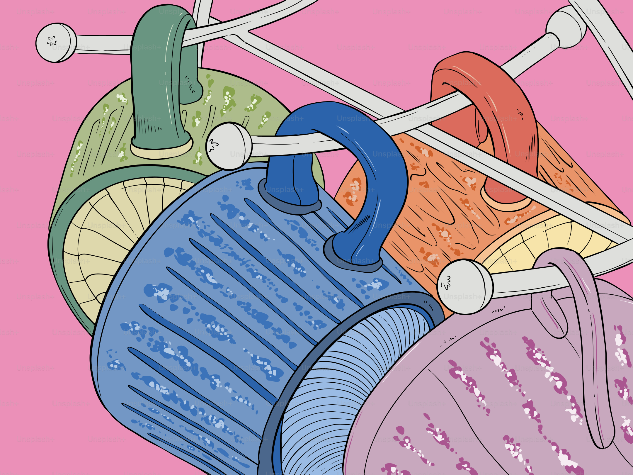 Cups are hanging on a rack against a pink background.