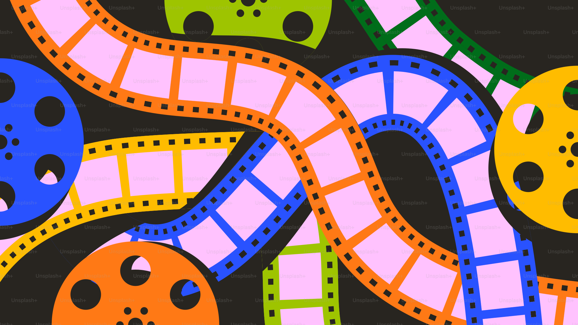 Colorful film strips and reels in an artistic illustration.