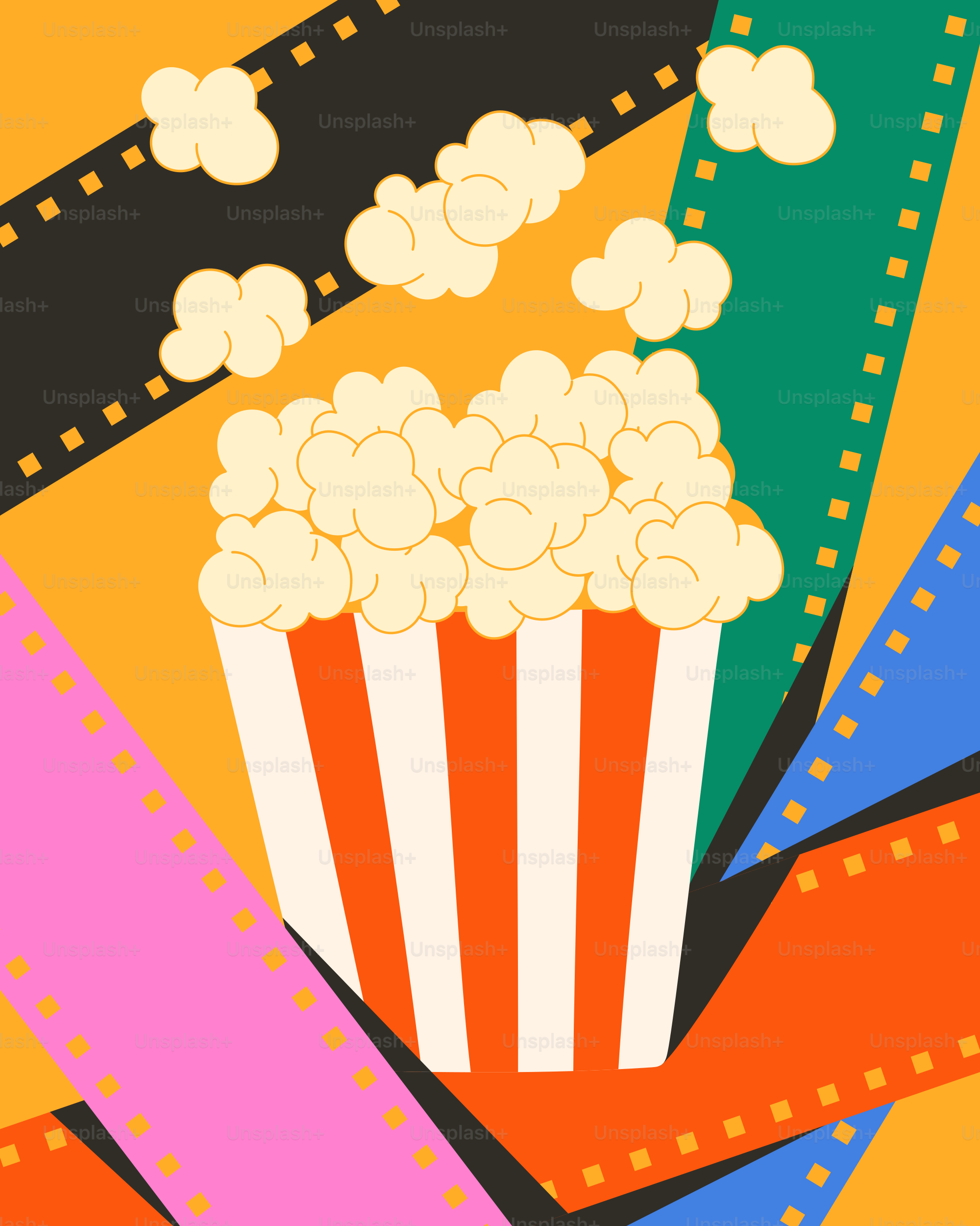 Popcorn and film reels, a movie night.