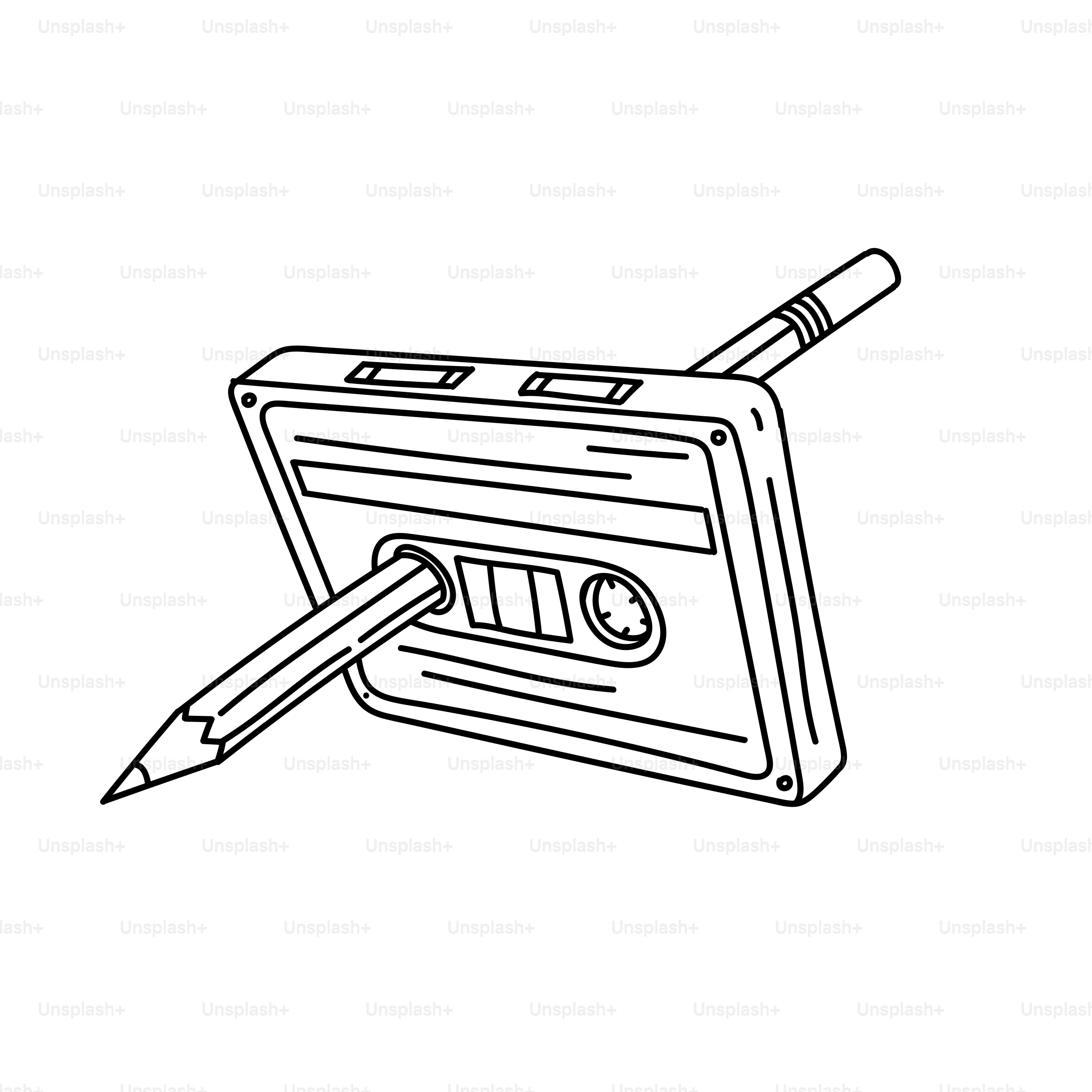 Ein Bleistift, der eine Kassette zurückspult.