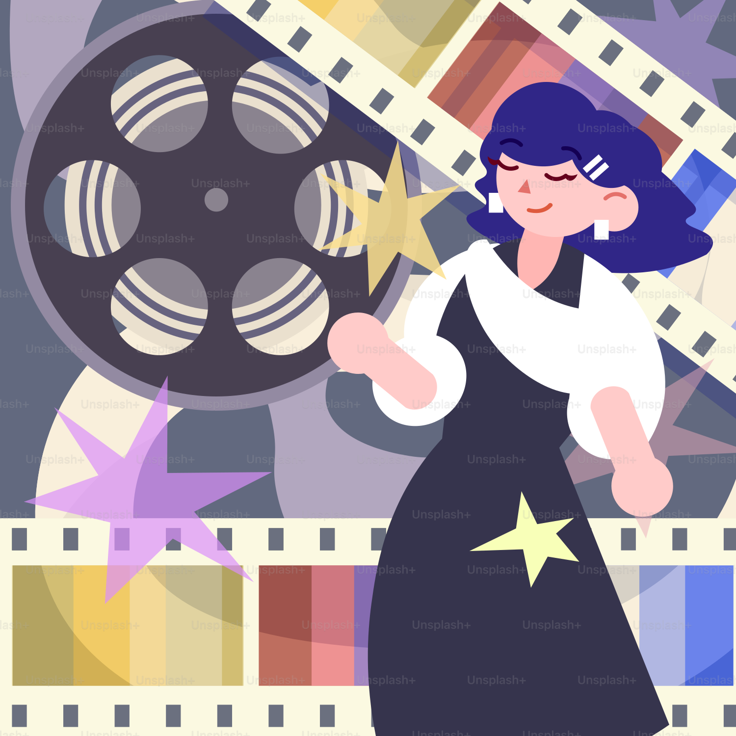 Una donna celebra il cinema tra film e star.