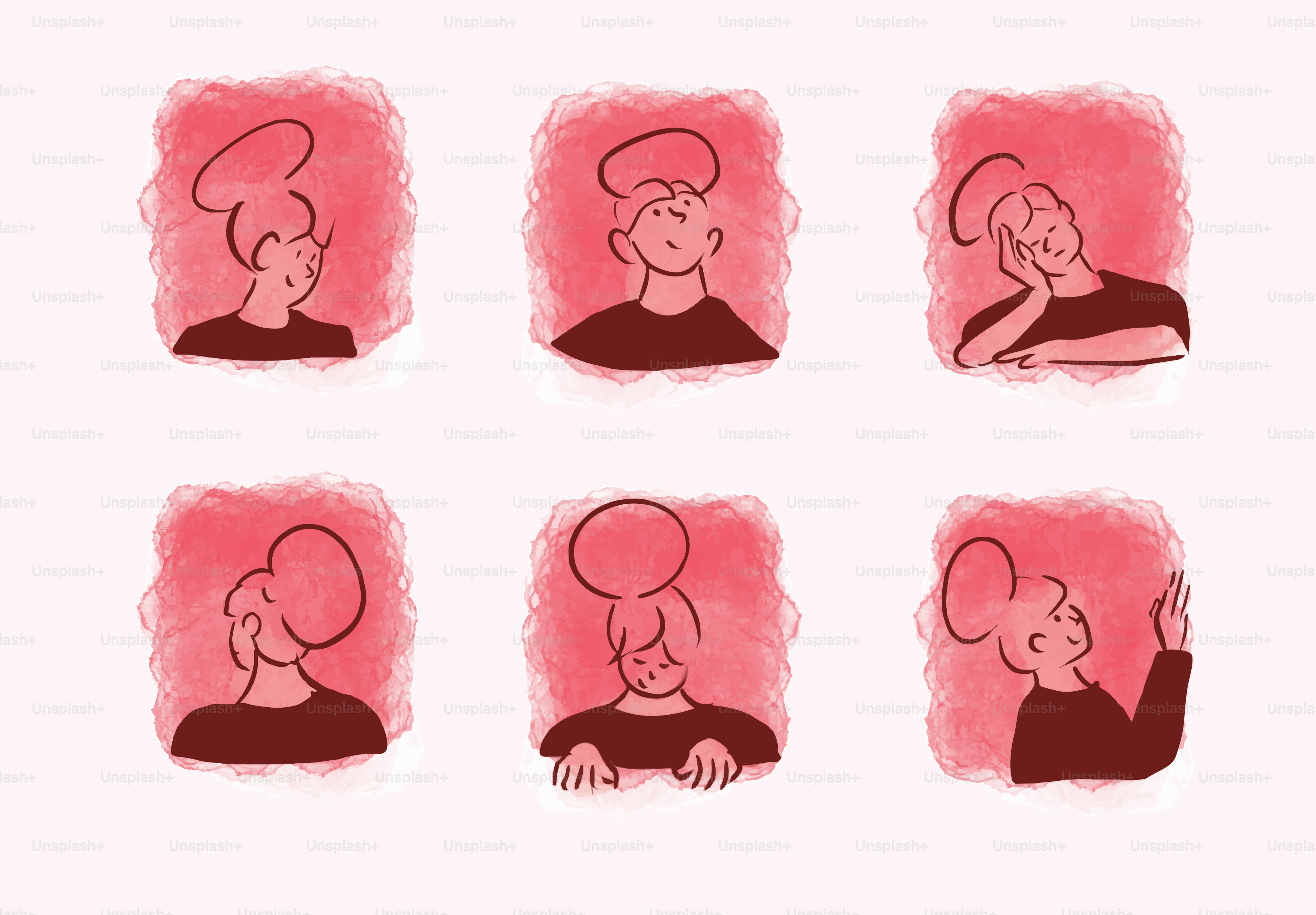 Six different facial expressions are shown in this image.