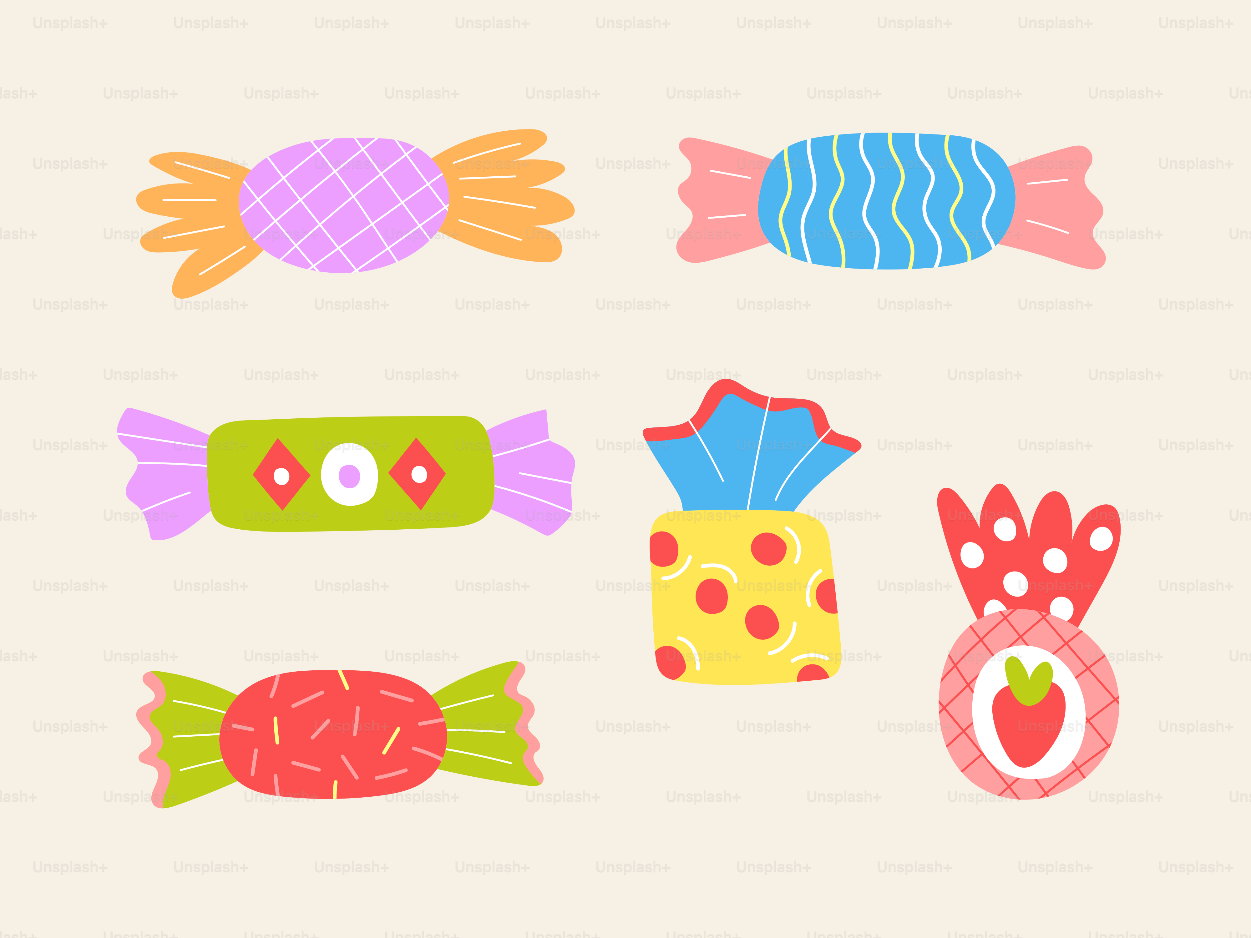 Here's a caption: colorful candies are displayed on a beige background.