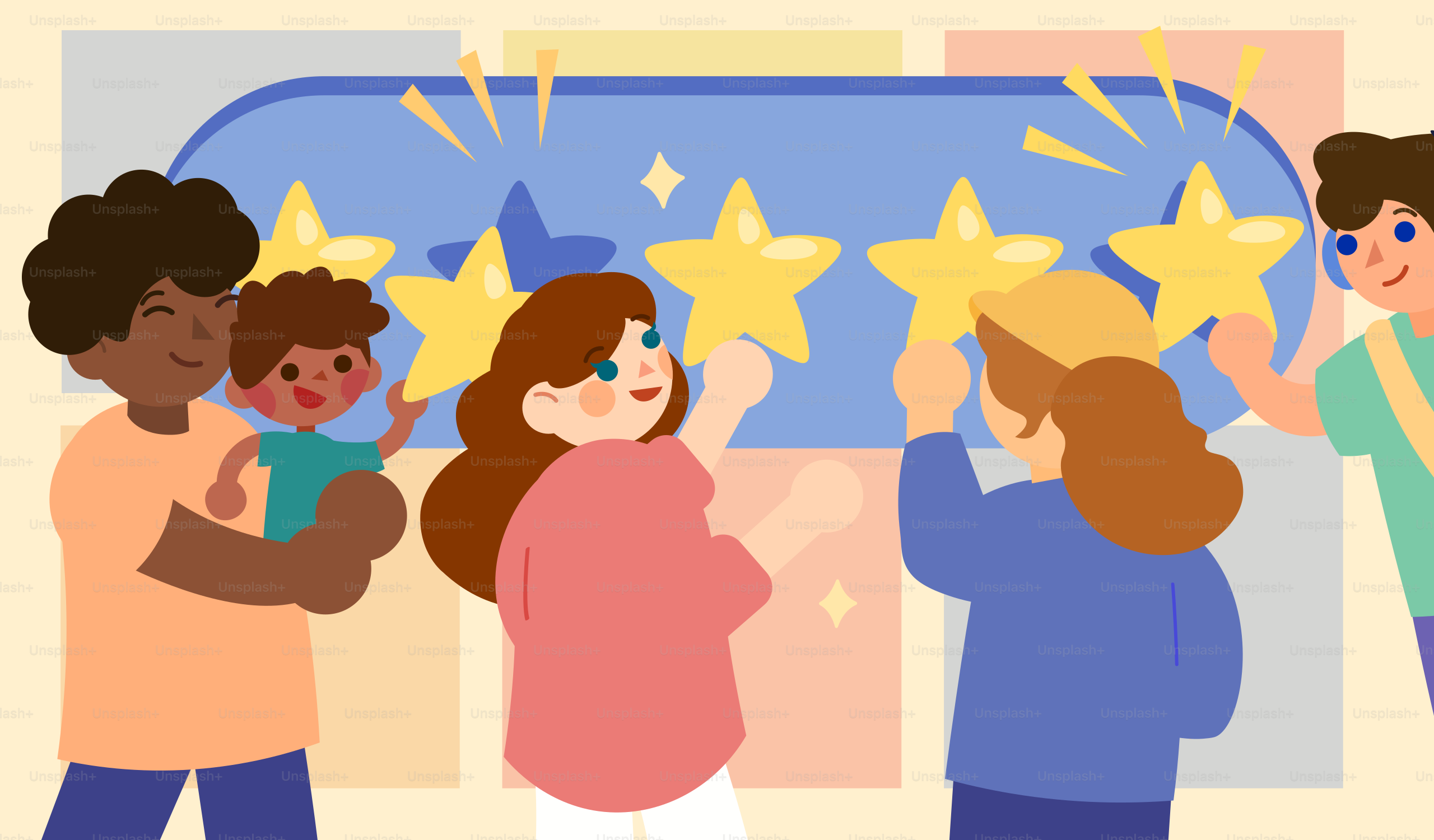 La gente da valoraciones de cinco estrellas en un panel de reseñas.