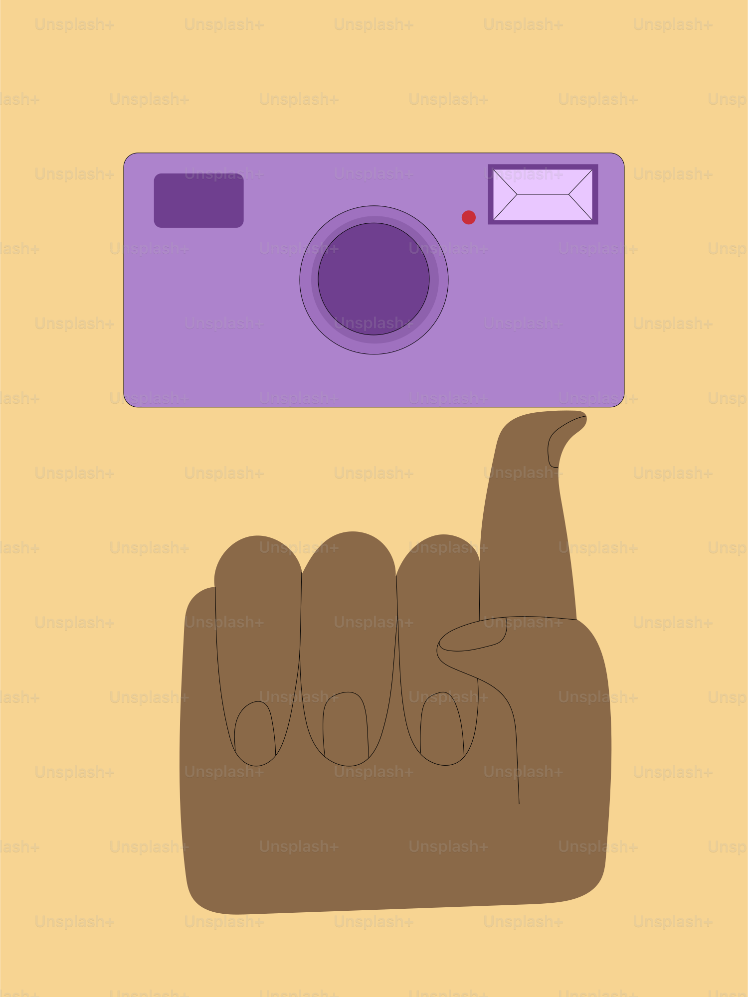 A hand is holding up a purple camera.