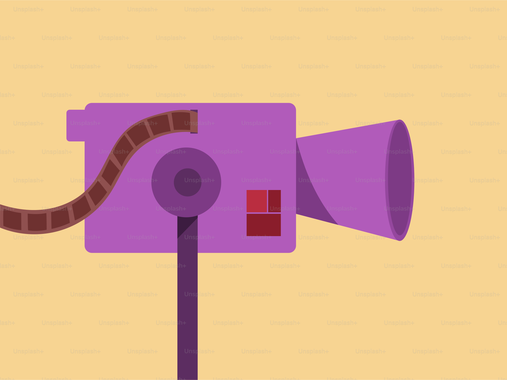 A cartoon camera on a stand with film.