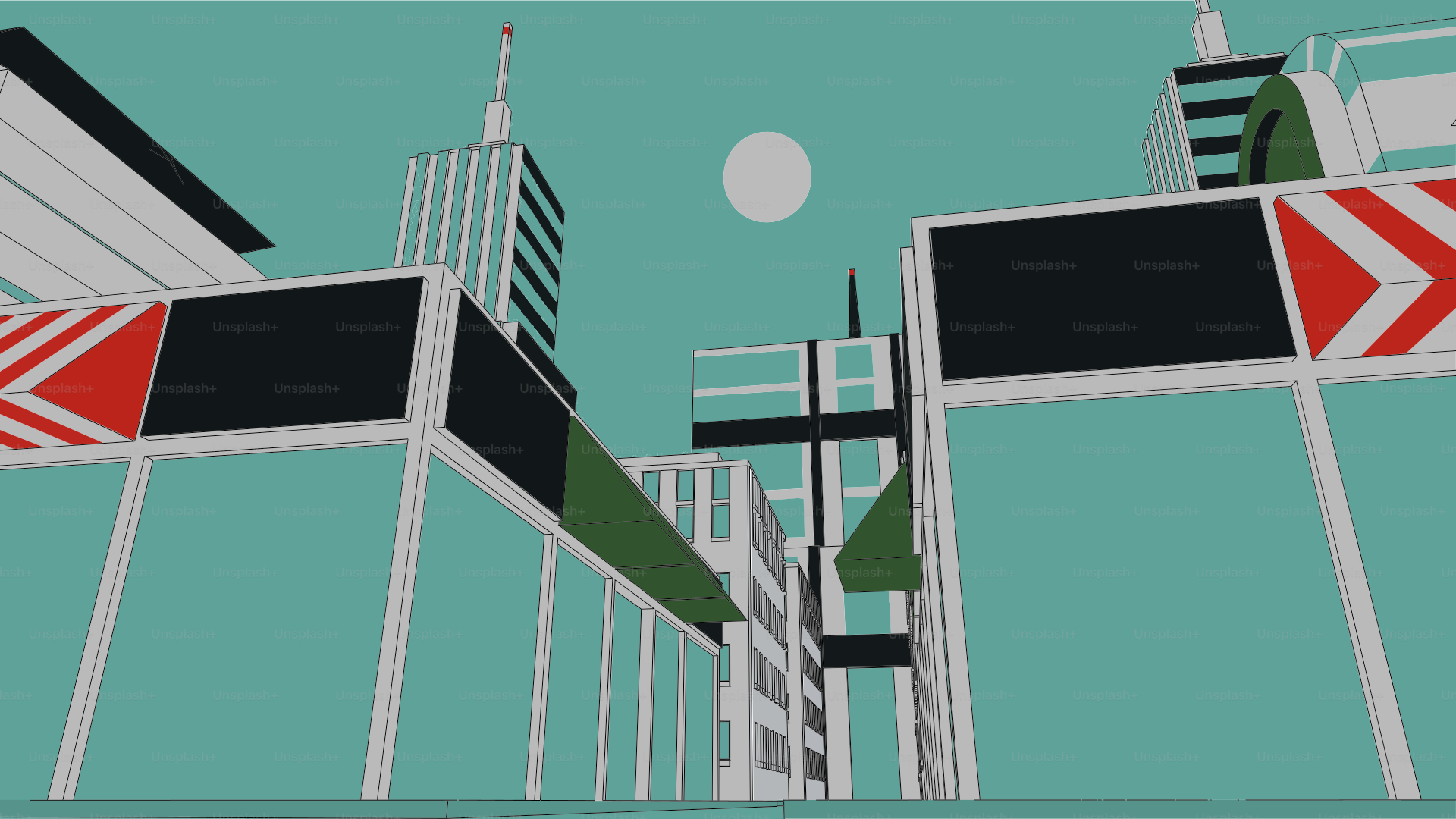 Un paysage urbain stylisé avec des barrières et des bâtiments.