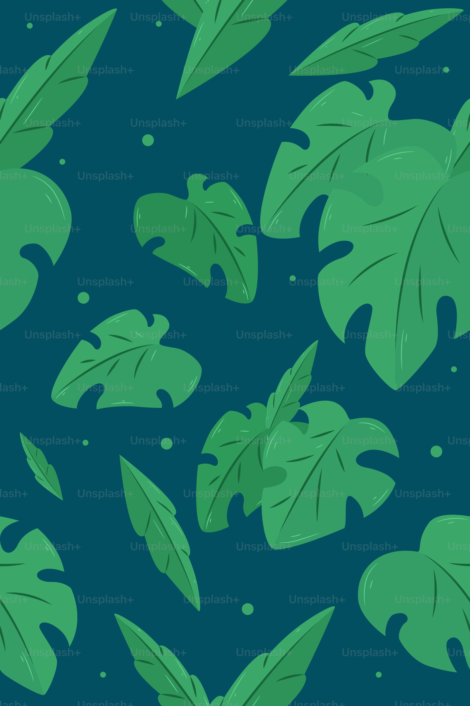 Green leaves are scattered on a dark blue background.