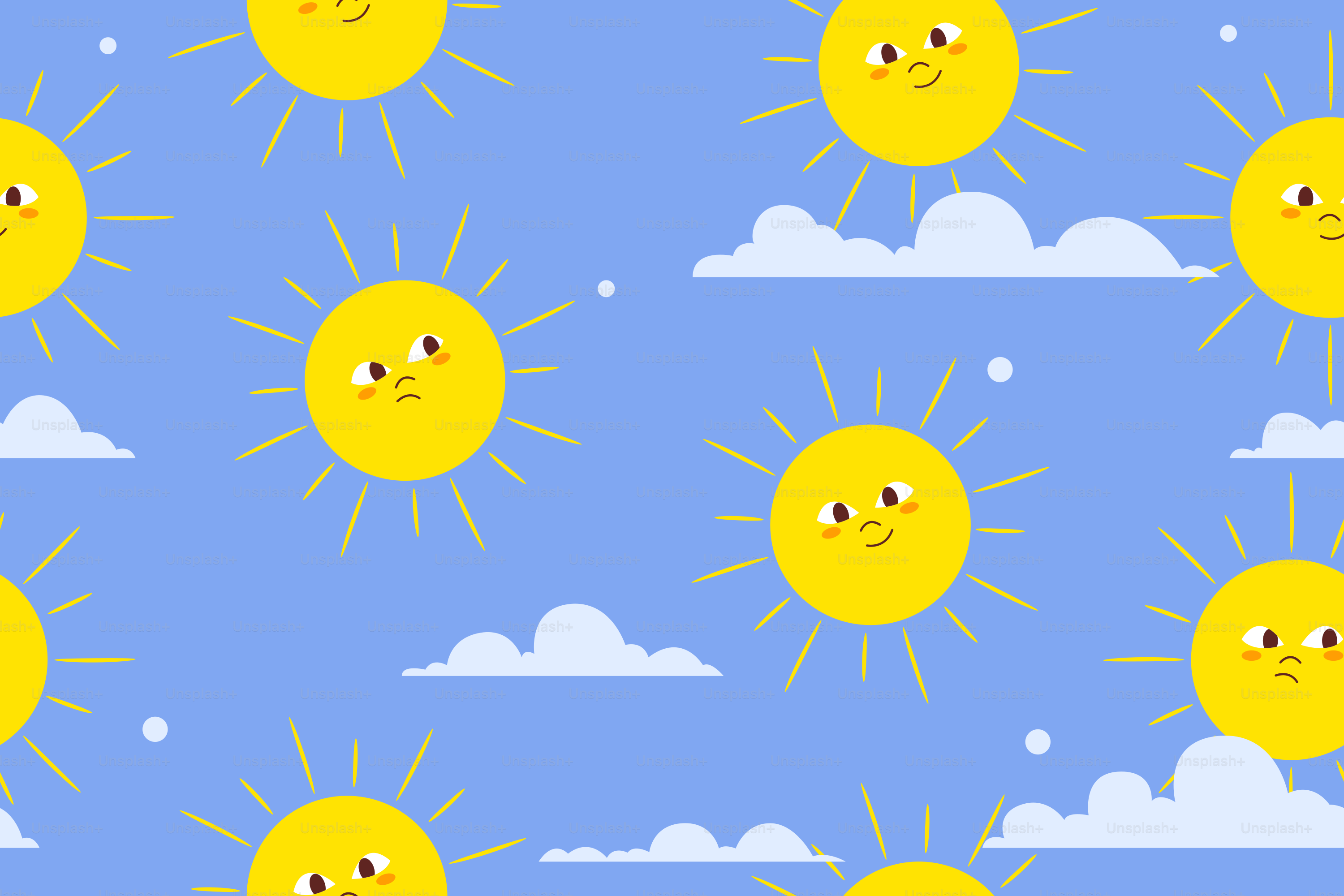 Happy suns and clouds decorate a blue background.