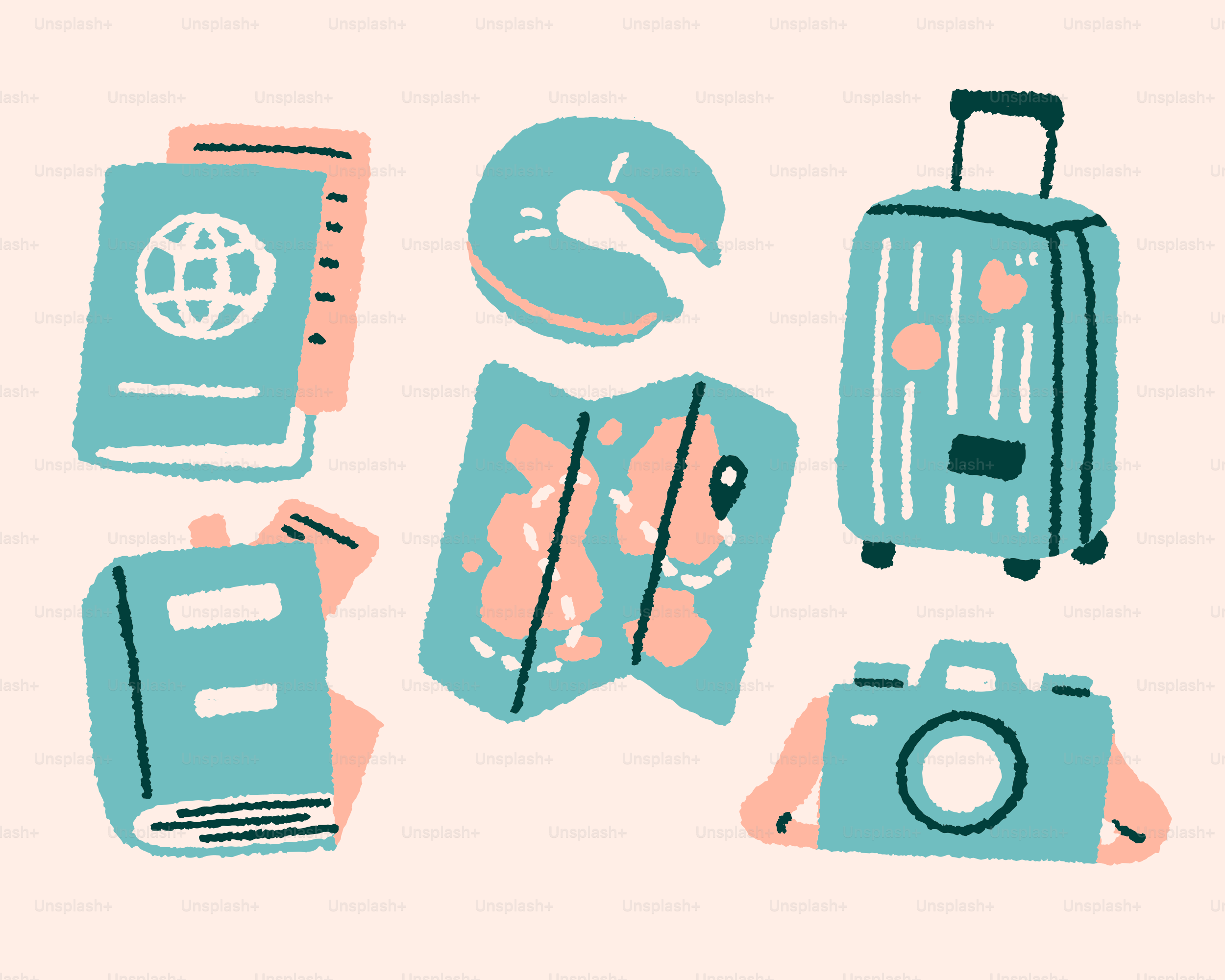 Travel essentials like passport, map, and suitcase.