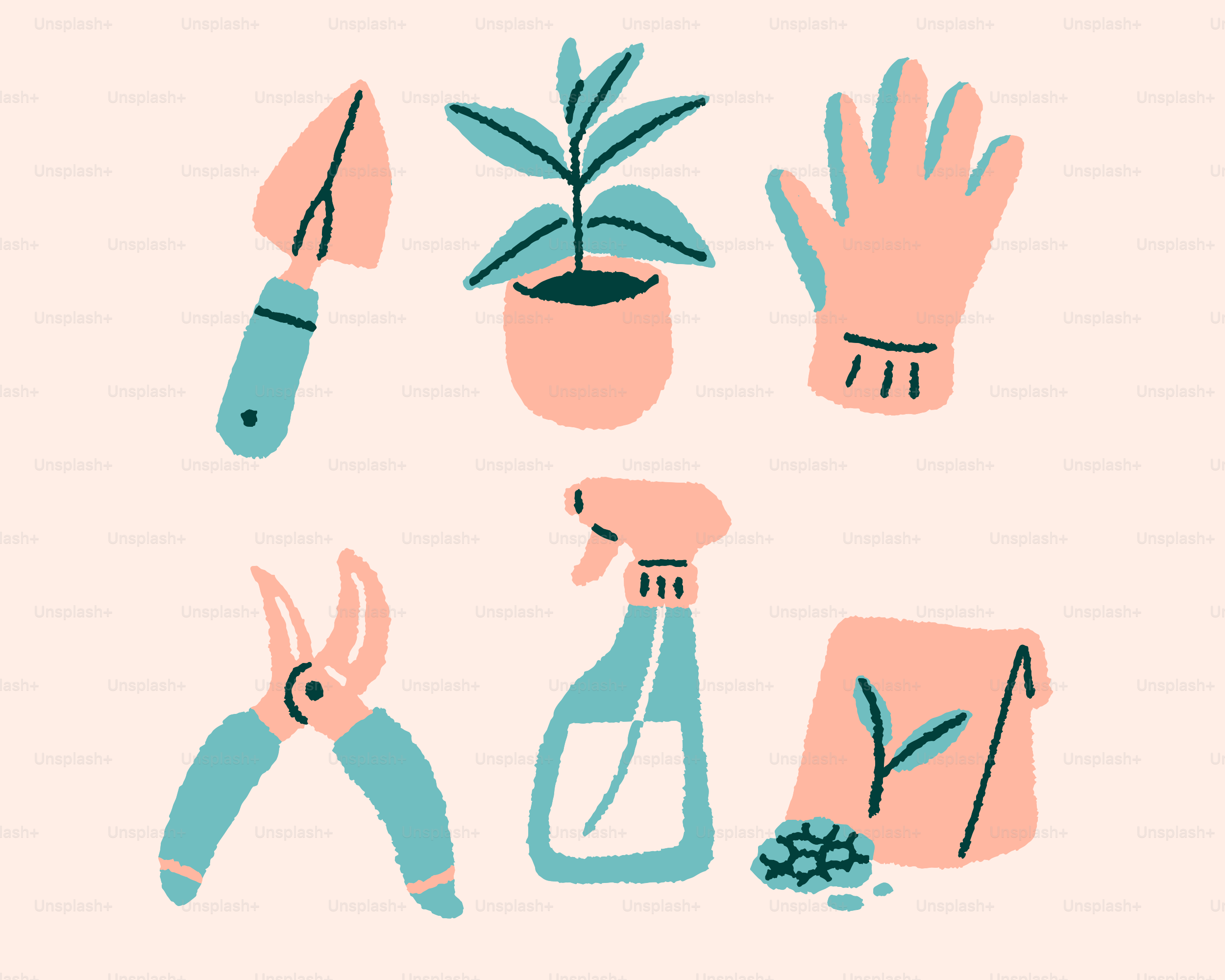 Gardening tools and a potted plant are displayed.