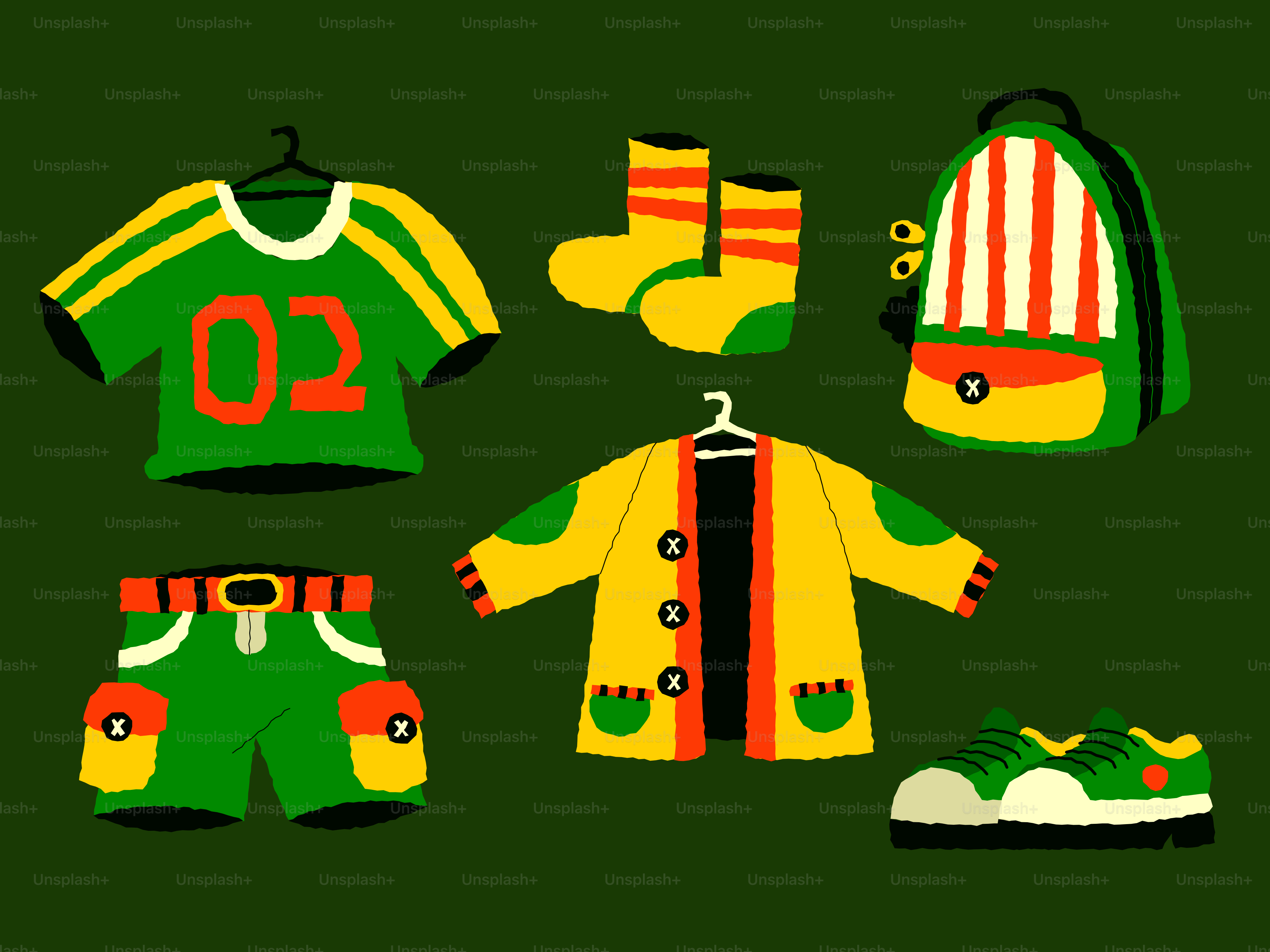 Clothes, backpack, and shoes are shown in this image.