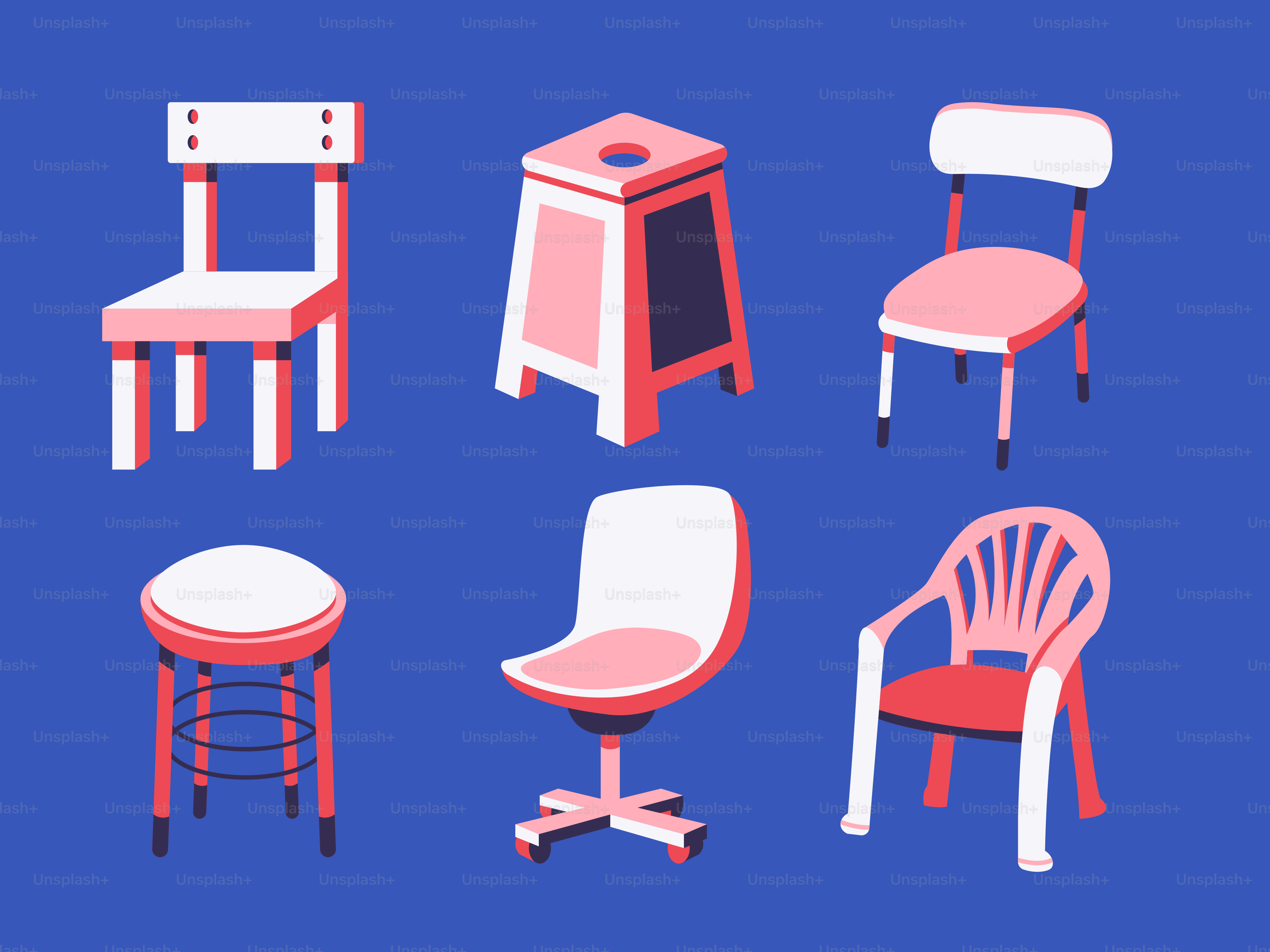 Several different chairs are arranged on a blue background.