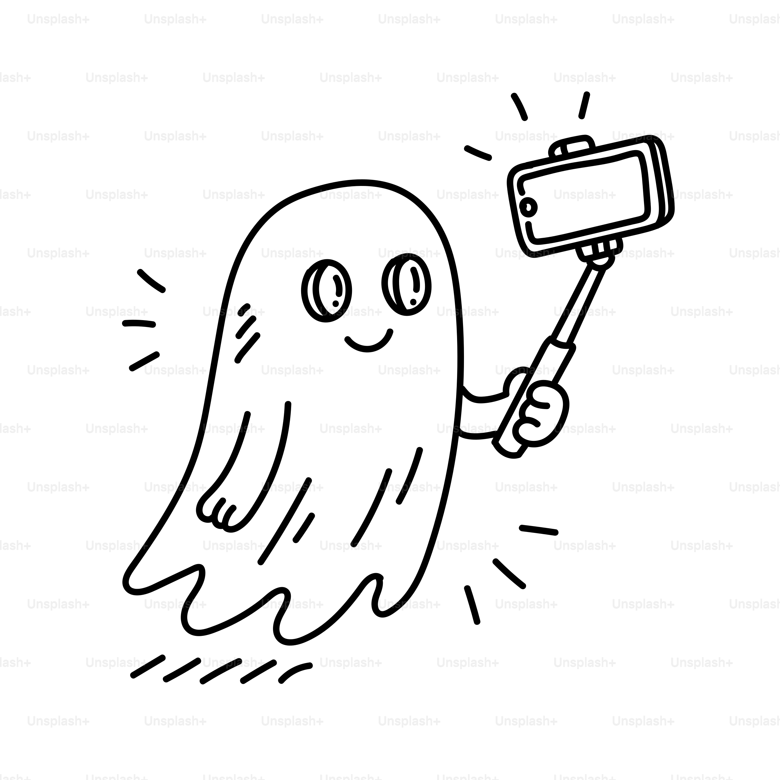 Der Geist macht ein Selfie mit einem Handy.