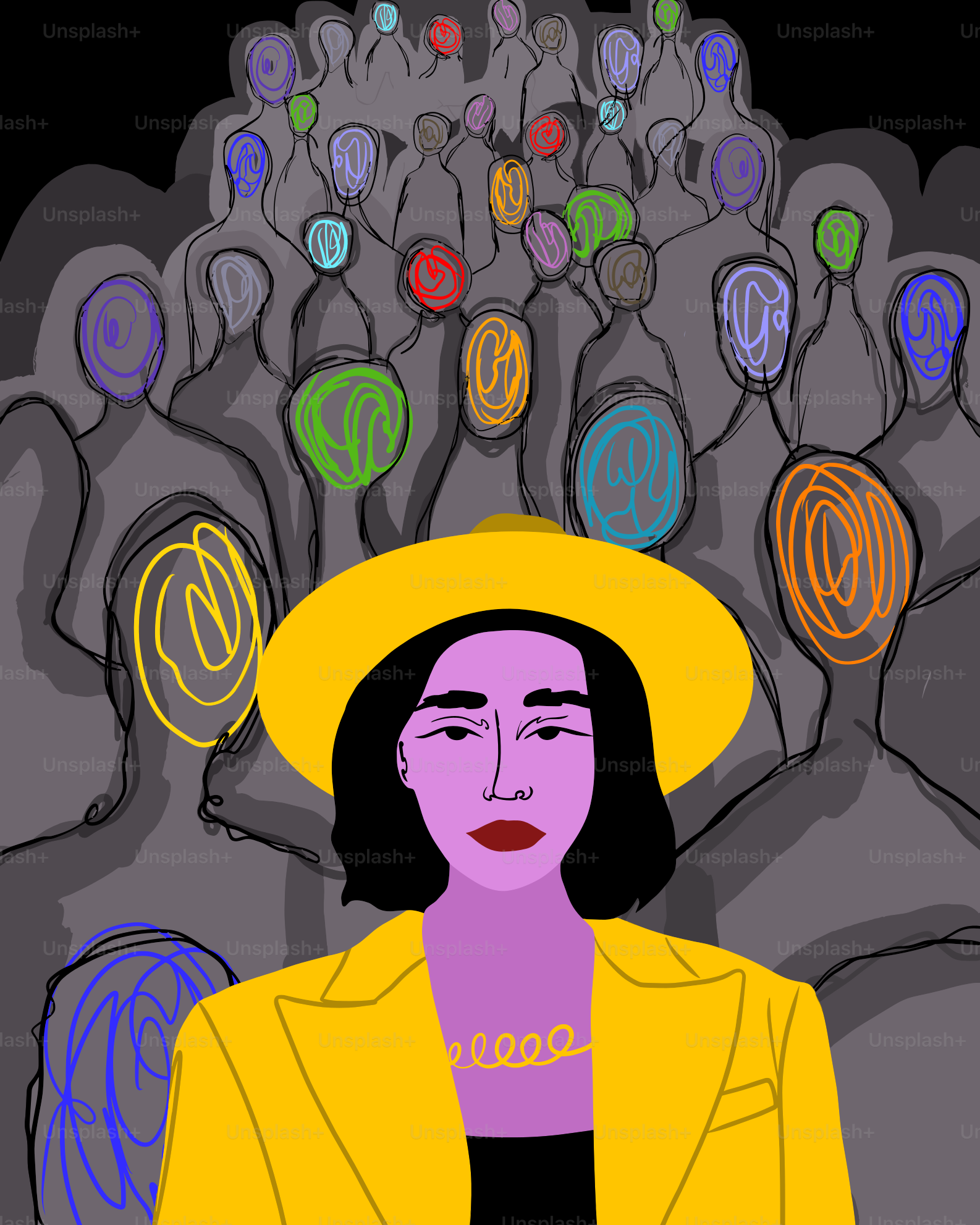 A woman stands out from the colorful crowd.