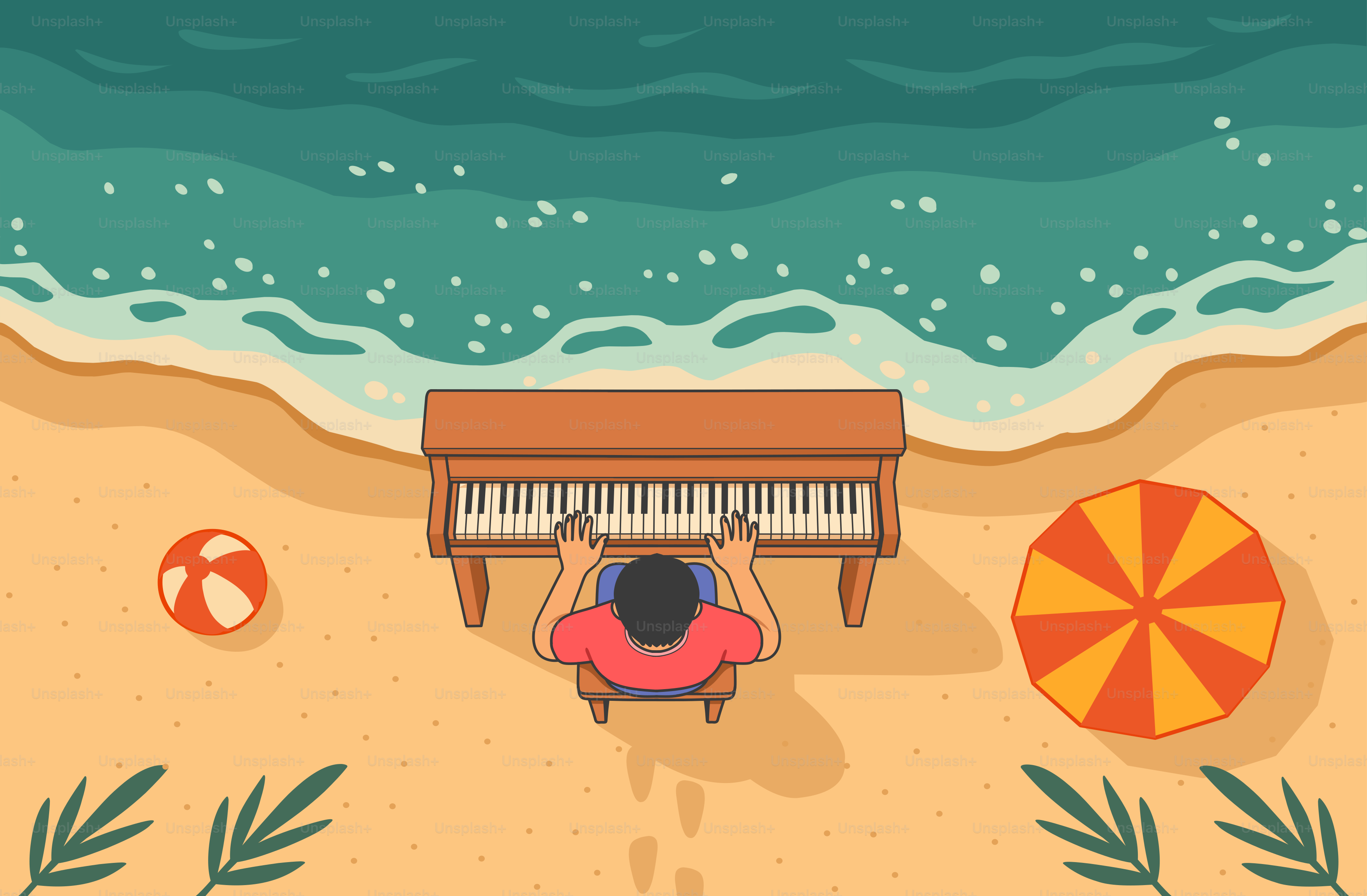 A pianist plays on a beach next to the ocean. vector – Beach Image on ...