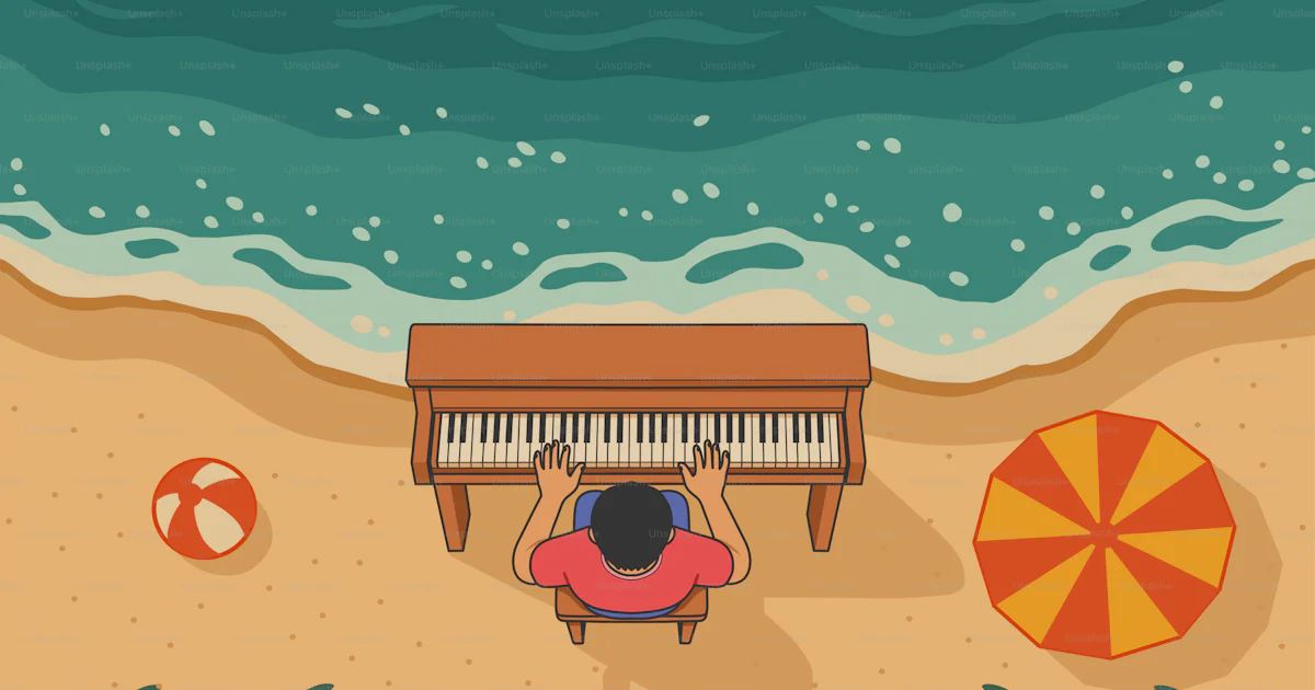 Vector Beach Instrument A pianist plays on a beach next to the ocean. vector – Beach Image on ...